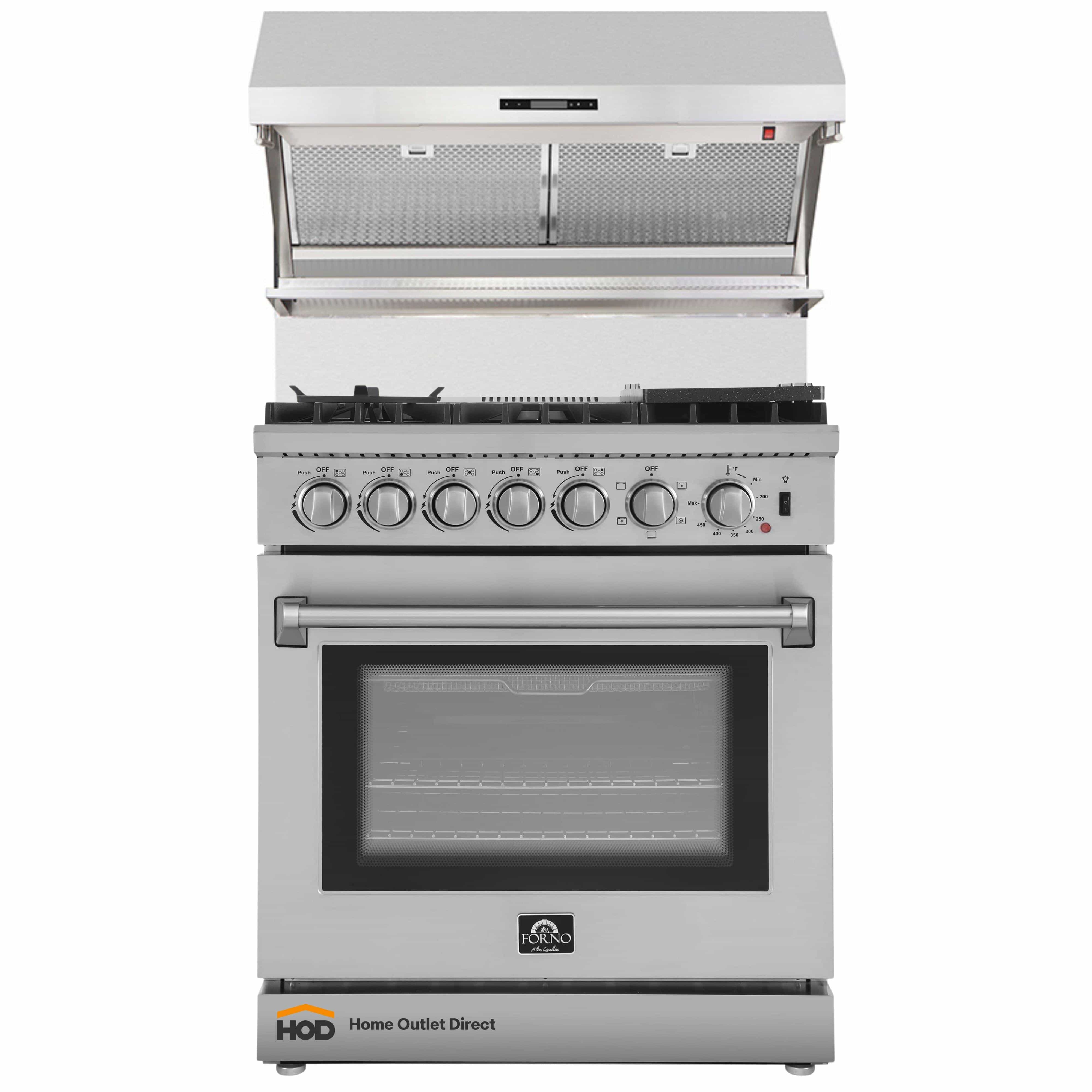 Stainless steel dual fuel range with open oven door and front control knobs