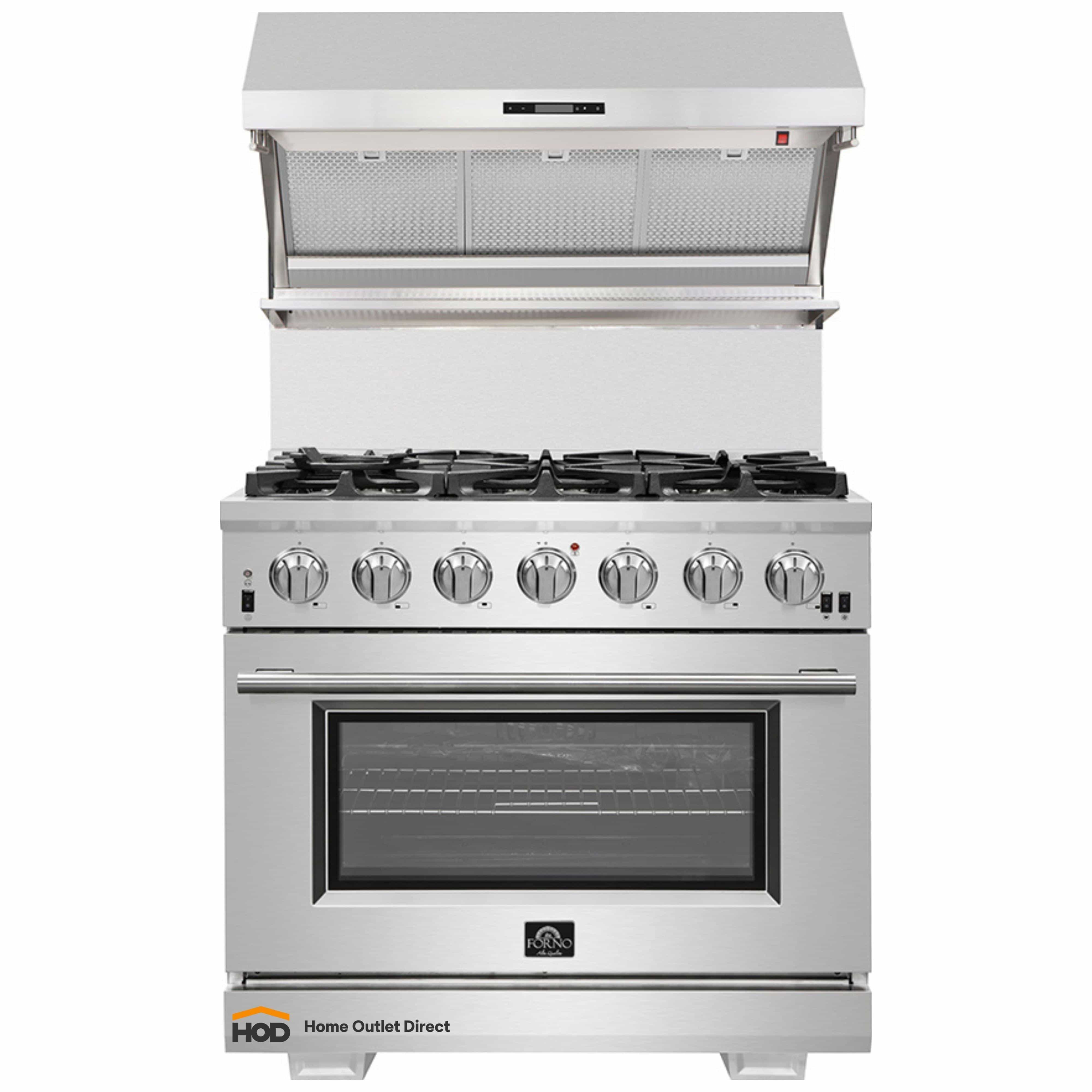 Stainless steel 36-inch gas range with six-burner cooktop and oven door