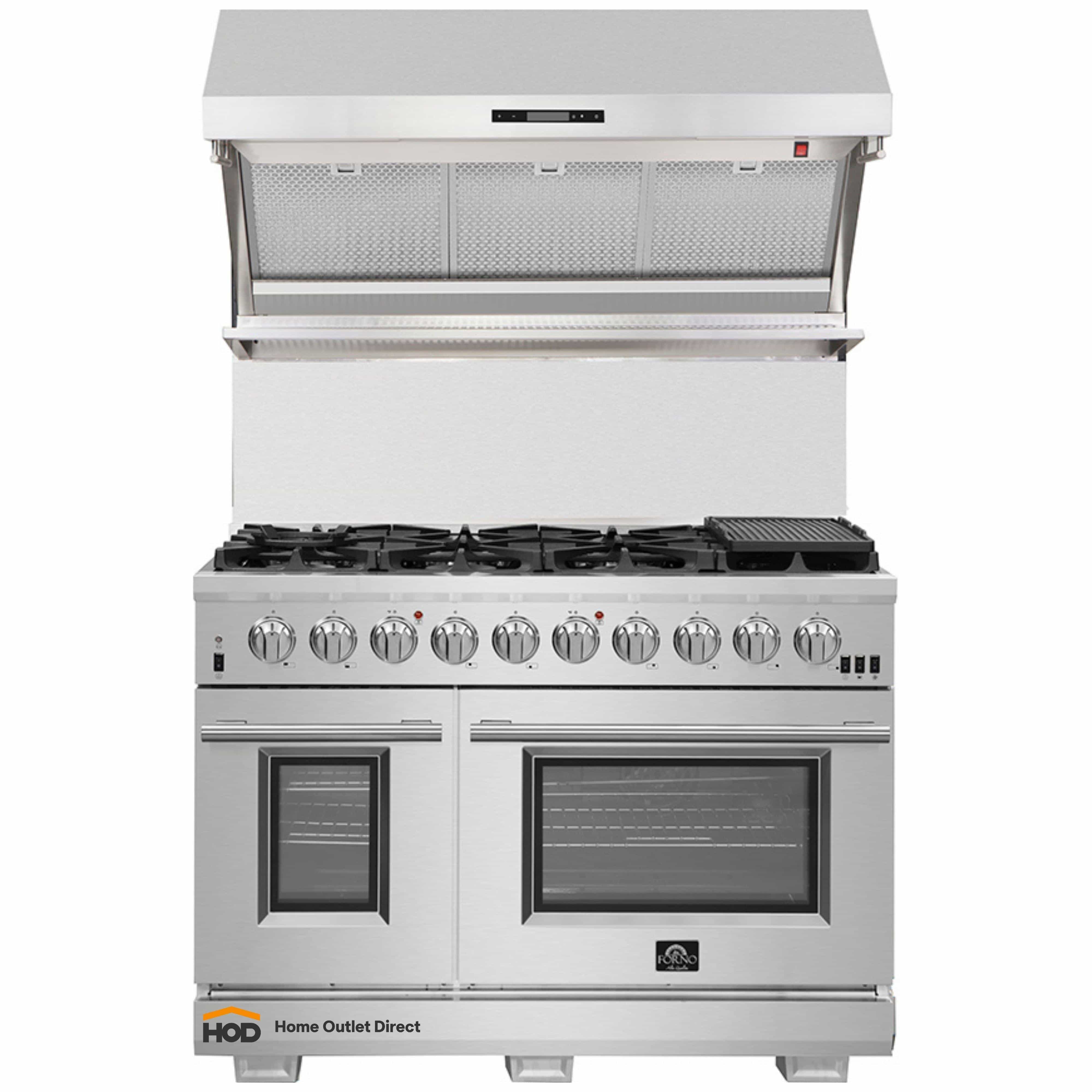 Stainless steel gas range with wall mount hood and backsplash, front view