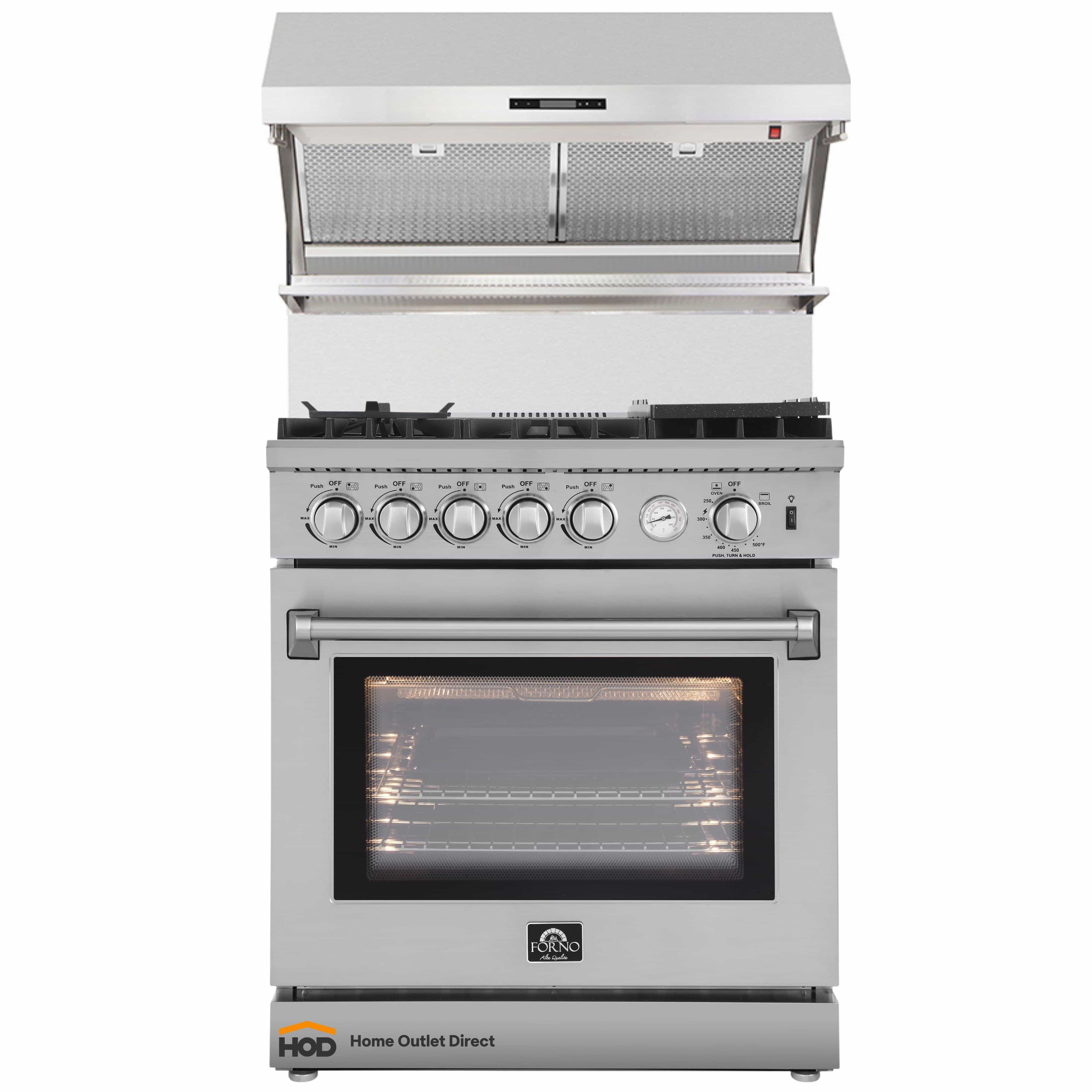 Stainless steel range with open air-fry hood and control panel above the oven