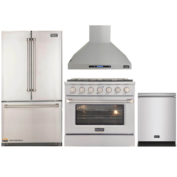 Kucht 4-Piece Appliance Package - 36-Inch Dual Range, Refrigerator, Wall Mount Hood, & Dishwasher in Stainless Steel