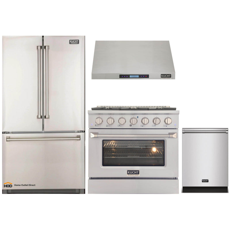 Kucht 4-Piece Appliance Package - 36-Inch Dual Range, Refrigerator, Under Cabinet Hood, & Dishwasher in Stainless Steel