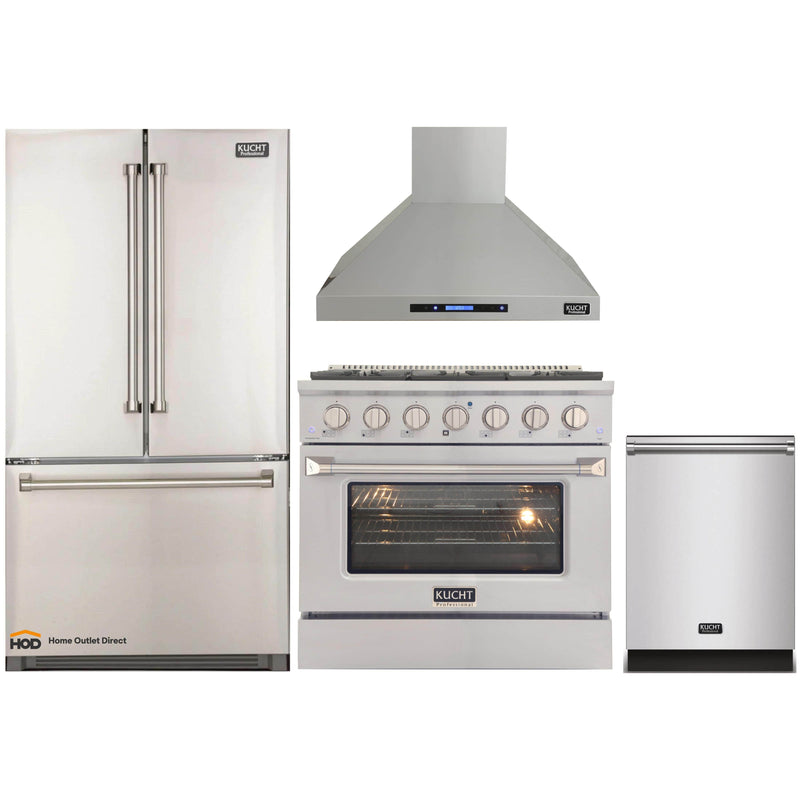 Kucht 4-Piece Appliance Package - 36-Inch Gas Range, Refrigerator, Wall Mount Hood, & Dishwasher in Stainless Steel