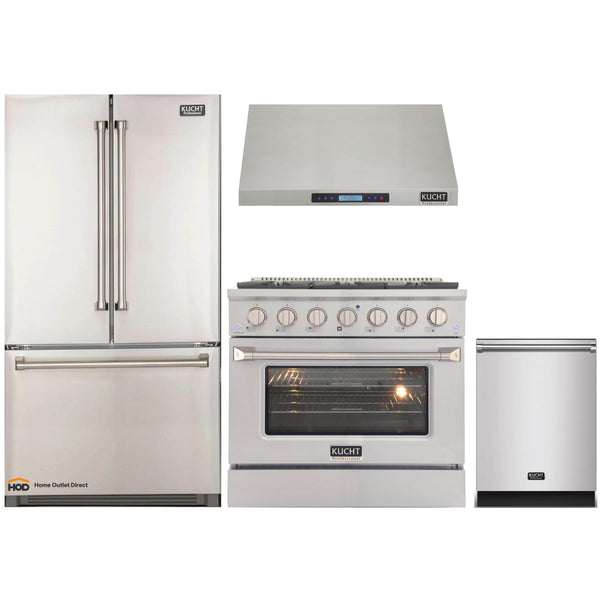 Kucht 4-Piece Appliance Package - 36-Inch Gas Range, Refrigerator, Under Cabinet Hood, & Dishwasher in Stainless Steel