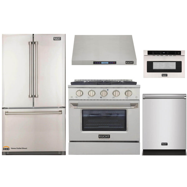 Kucht 5-Piece Appliance Package - 30-Inch Dual Fuel Range, Refrigerator, Under Cabinet Hood, Dishwasher, & Microwave Drawer in Stainless Steel
