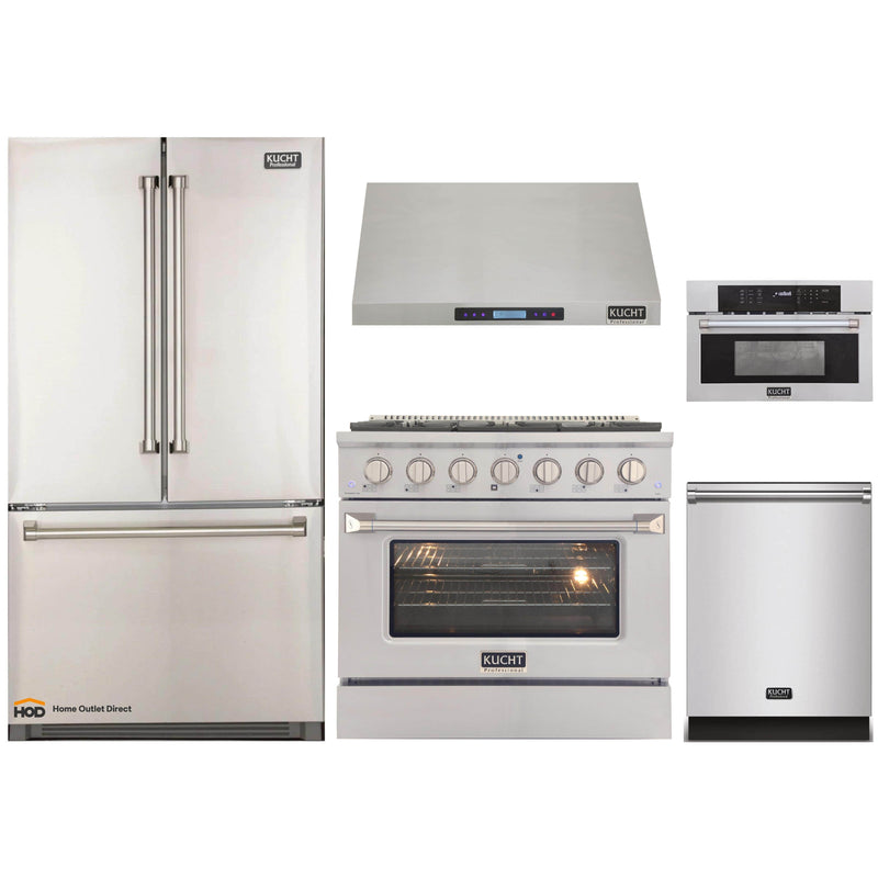 Kucht 5-Piece Appliance Package - 36-Inch Dual Range, Refrigerator, Under Cabinet Hood, Dishwasher, & Microwave Oven in Stainless Steel