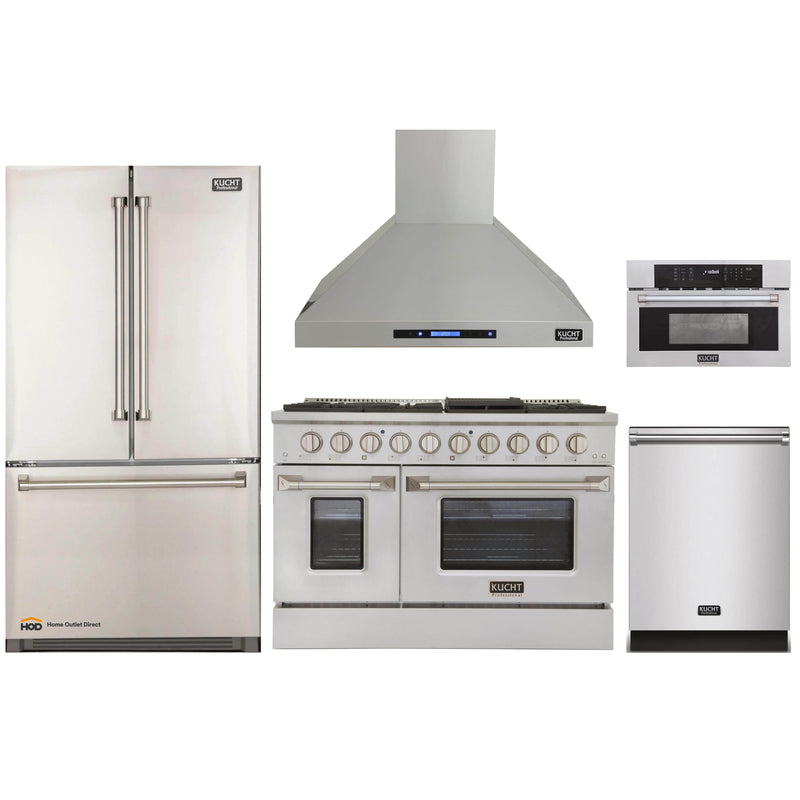 Kucht 5-Piece Appliance Package - 48-Inch Dual Fuel Range, Refrigerator, Wall Mount Hood, Dishwasher, & Microwave Oven in Stainless Steel
