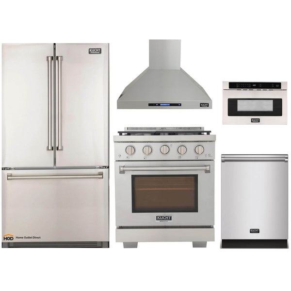 Kucht 5-Piece Appliance Package - 30-Inch Gas Range, Refrigerator, Wall Mount Hood, Dishwasher, & Microwave Drawer in Stainless Steel