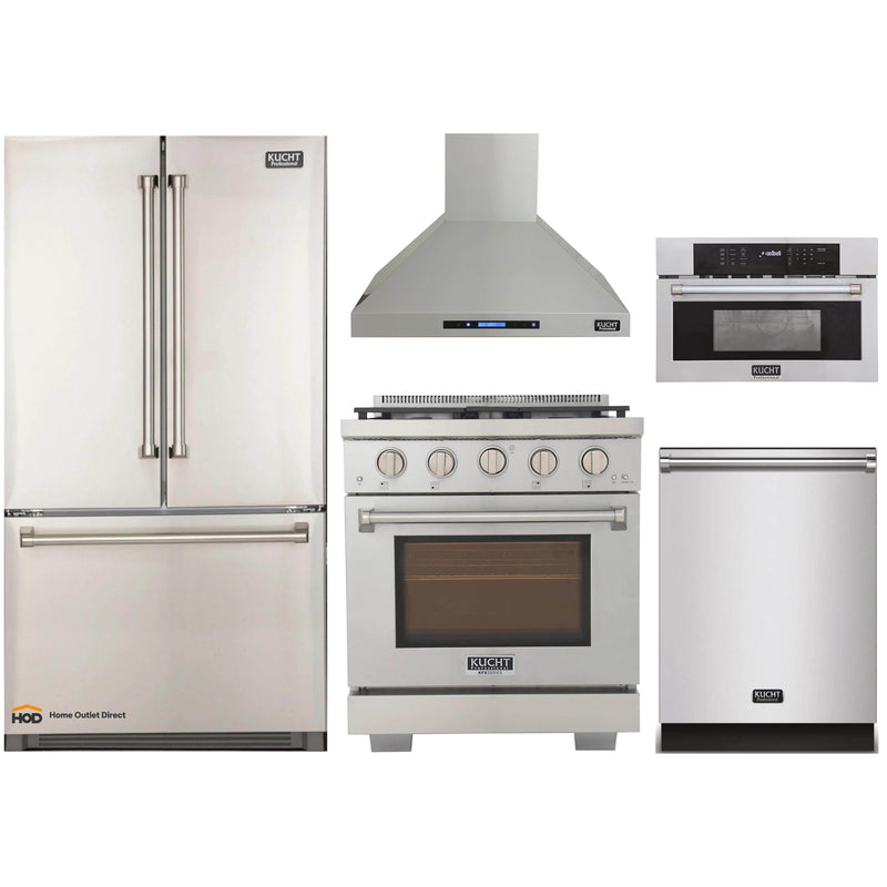 Kucht 5-Piece Appliance Package - 30-Inch Gas Range, Refrigerator, Wall Mount Hood, Dishwasher, & Microwave Oven in Stainless Steel