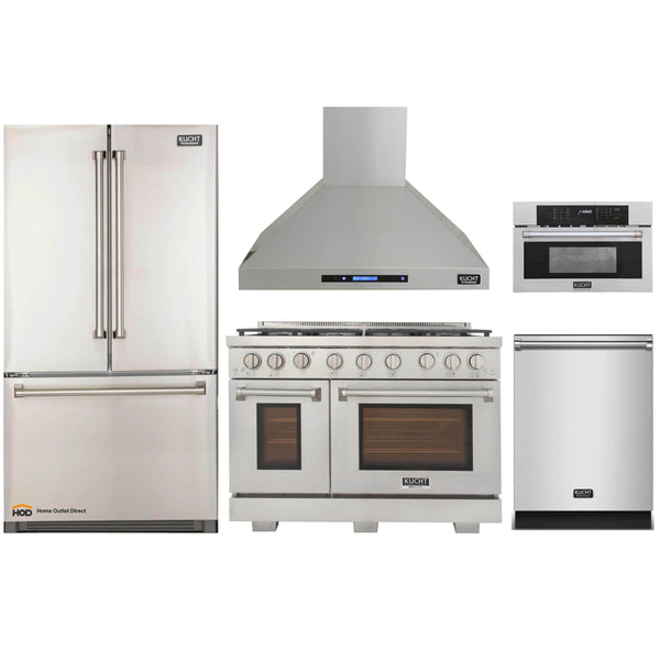 Kucht 5-Piece Appliance Package - 48-Inch Gas Range, Refrigerator, Wall Mount Hood, Dishwasher, & Microwave Oven in Stainless Steel