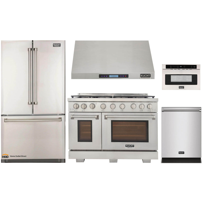 Kucht 5-Piece Appliance Package - 48-Inch Gas Range, Refrigerator, Under Cabinet Hood, Dishwasher, & Microwave Drawer in Stainless Steel