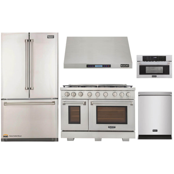 Kucht 5-Piece Appliance Package - 48-Inch Gas Range, Refrigerator, Under Cabinet Hood, Dishwasher, & Microwave Oven in Stainless Steel