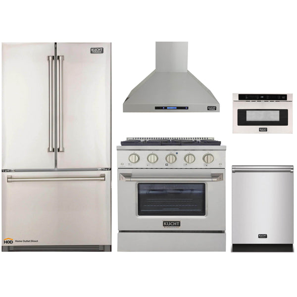 Kucht 5 Piece Appliance Package 30 Inch Gas Range Refrigerator Wall Mount Hood Dishwasher Microwave Drawer In Stainless Steel