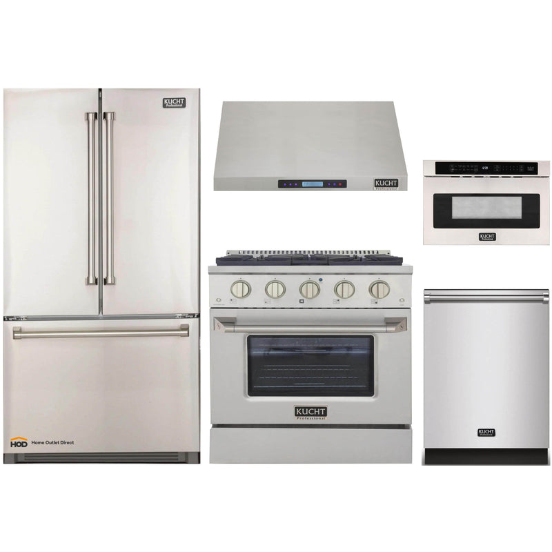 Kucht 5-Piece Appliance Package - 30-Inch Gas Range, Refrigerator, Under Cabinet Hood, Dishwasher, & Microwave Drawer in Stainless Steel