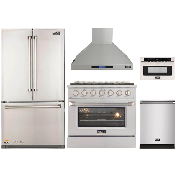 Kucht 5-Piece Appliance Package - 36-Inch Gas Range, Refrigerator, Wall Mount Hood, Dishwasher, & Microwave Drawer in Stainless Steel