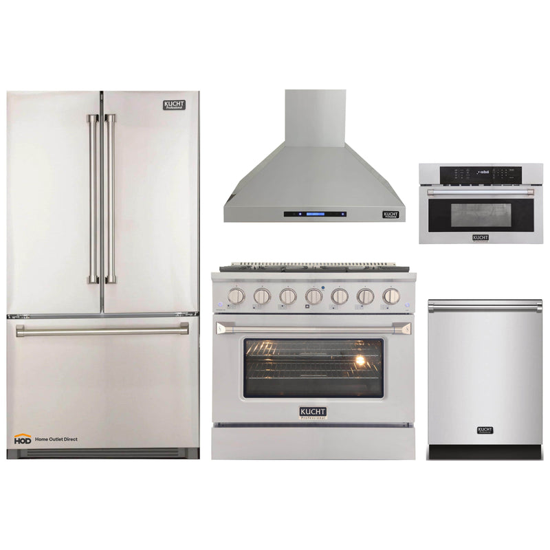 Kucht 5-Piece Appliance Package - 36-Inch Gas Range, Refrigerator, Wall Mount Hood, Dishwasher, & Microwave Oven in Stainless Steel