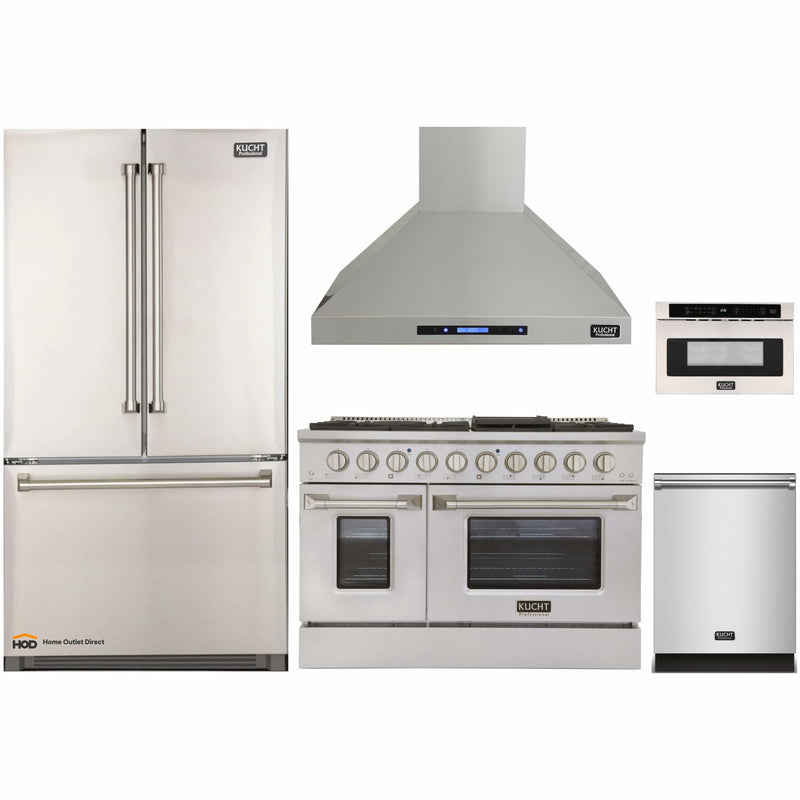 Kucht 5-Piece Appliance Package - 48-Inch Gas Range, Refrigerator, Wall Mount Hood, Dishwasher, & Microwave Drawer in Stainless Steel