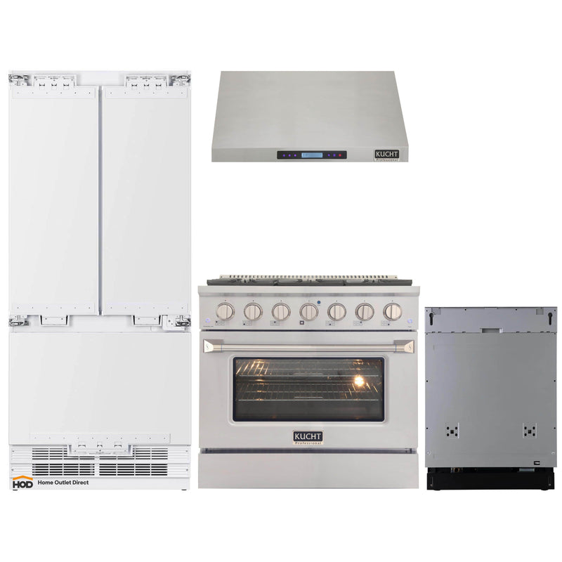 Kucht 4-Piece Appliance Package - 36-Inch Gas Range, 36-Inch Panel Ready Refrigerator, Under Cabinet Hood, & Panel Ready Dishwasher