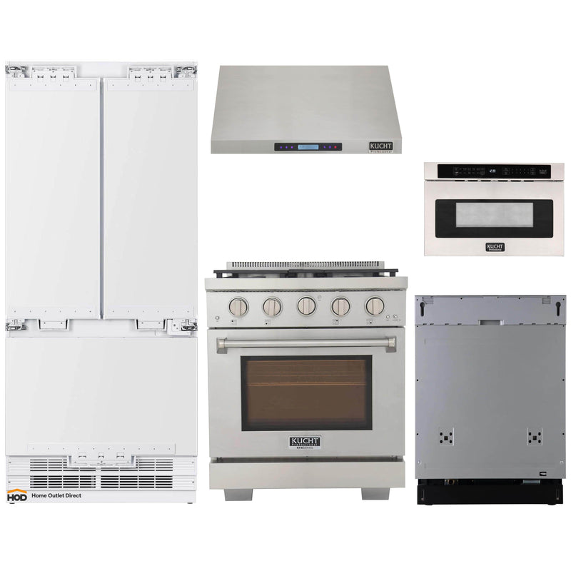 Kucht 5-Piece Appliance Package - 30-Inch Gas Range, 36-Inch Panel Ready Refrigerator, Under Cabinet Hood, Panel Ready Dishwasher, & Microwave Drawer