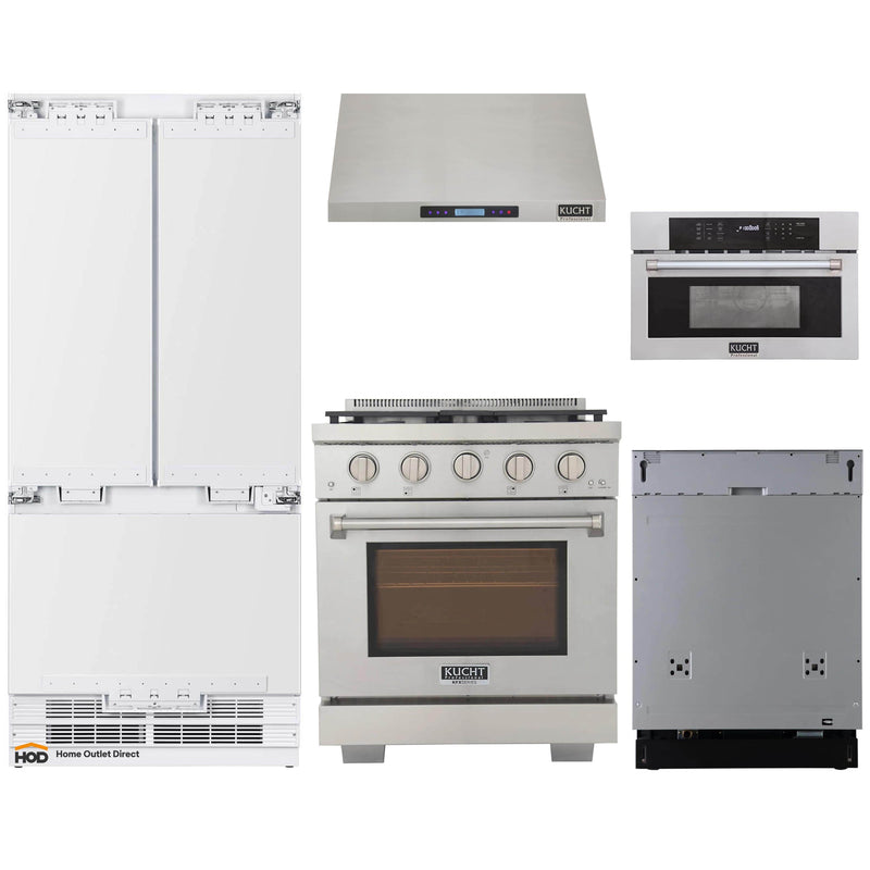 Kucht 5-Piece Appliance Package - 30-Inch Gas Range, 36-Inch Panel Ready Refrigerator, Under Cabinet Hood, & Panel Ready Dishwasher, & Microwave Oven