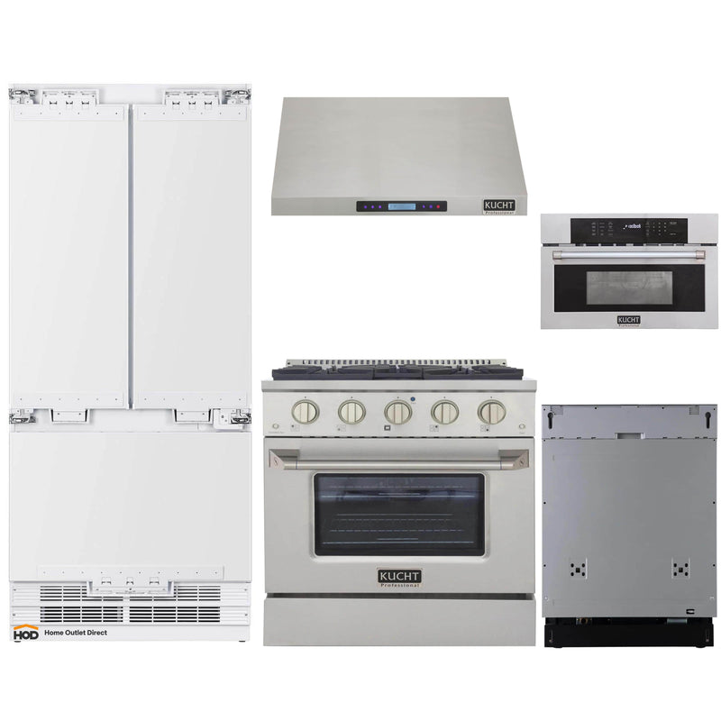 Kucht 5-Piece Appliance Package - 30-Inch Gas Range, 36-Inch Panel Ready Refrigerator, Under Cabinet Hood, Panel Ready Dishwasher, & Microwave Oven