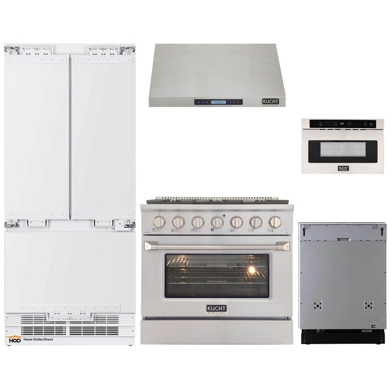 Kucht 5-Piece Appliance Package - 36-Inch Gas Range, 36-Inch Panel Ready Refrigerator, Under Cabinet Hood, Panel Ready Dishwasher, & Microwave Drawer