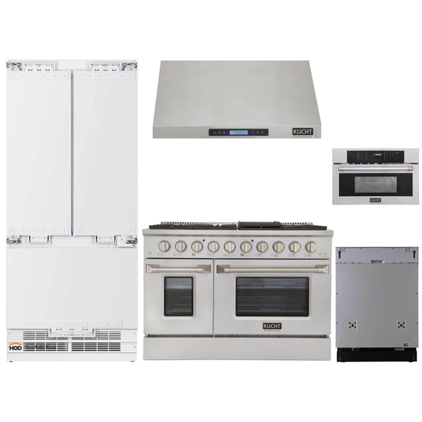 Kucht 5-Piece Appliance Package - 48" Gas Range, 36" Panel Ready Refrigerator, Under Cabinet Hood, Panel Ready Dishwasher, & Microwave Oven