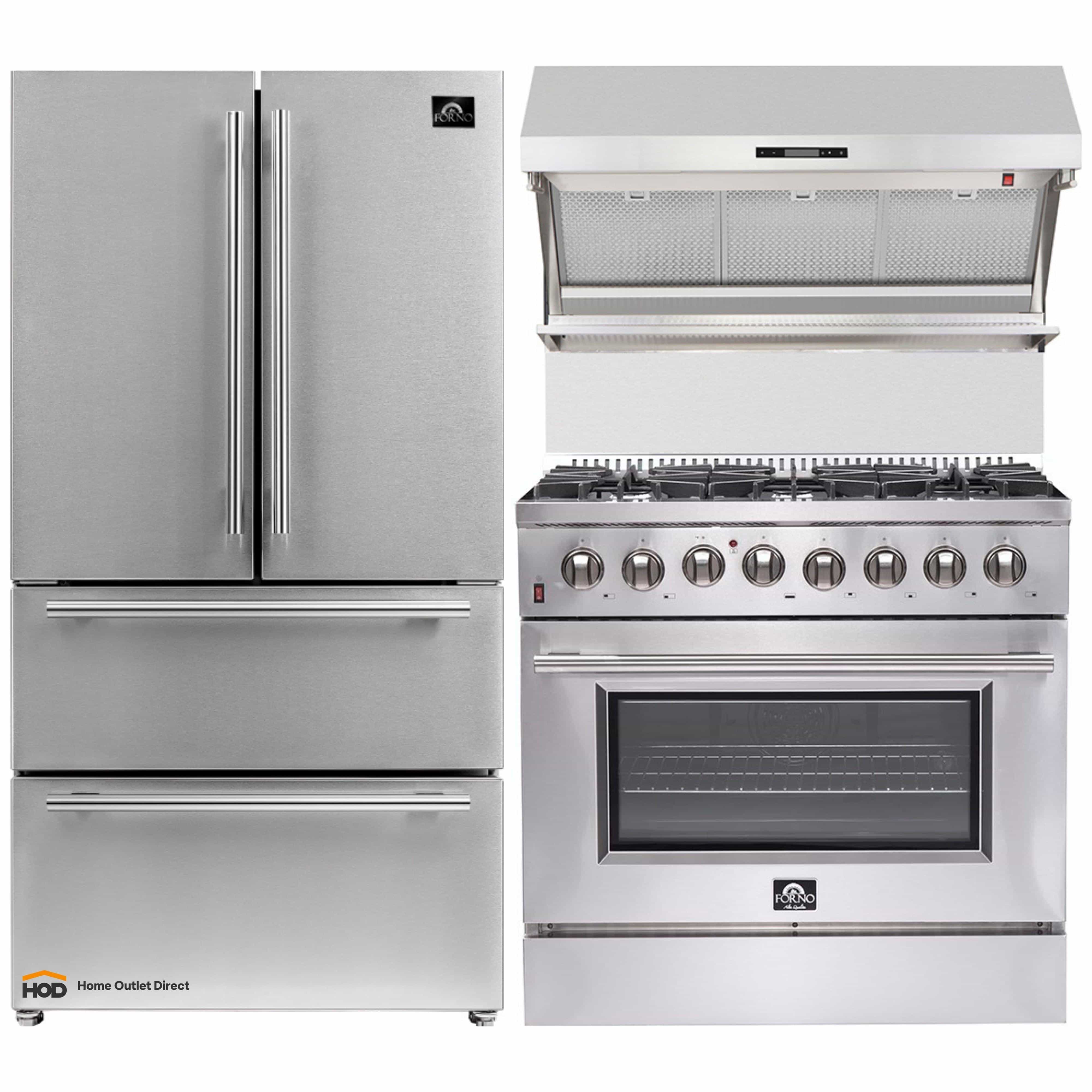 Stainless steel appliance set: refrigerator, dual-fuel range, and wall hood