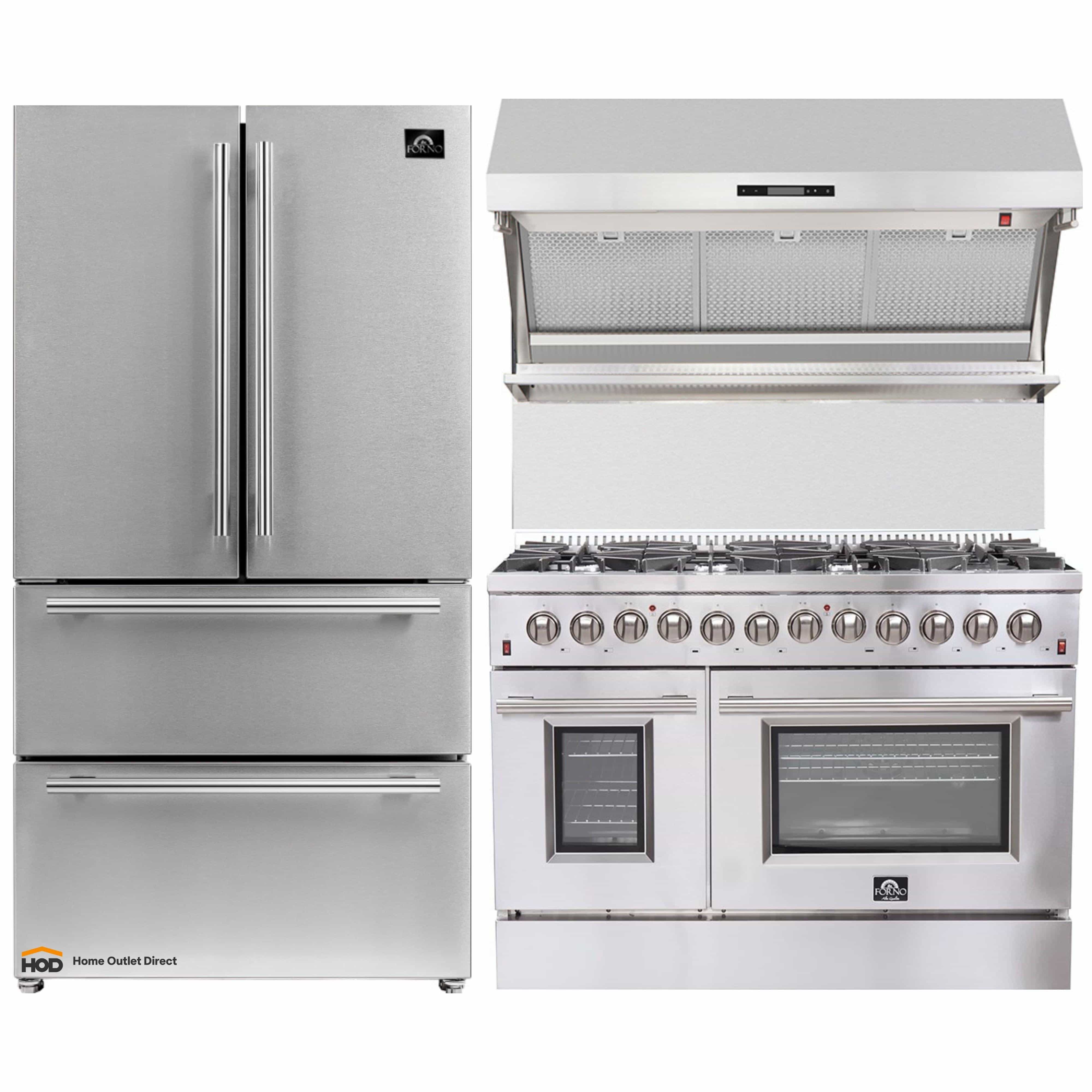 Three-piece appliance set with stainless refrigerator, dual-fuel range, and wall hood