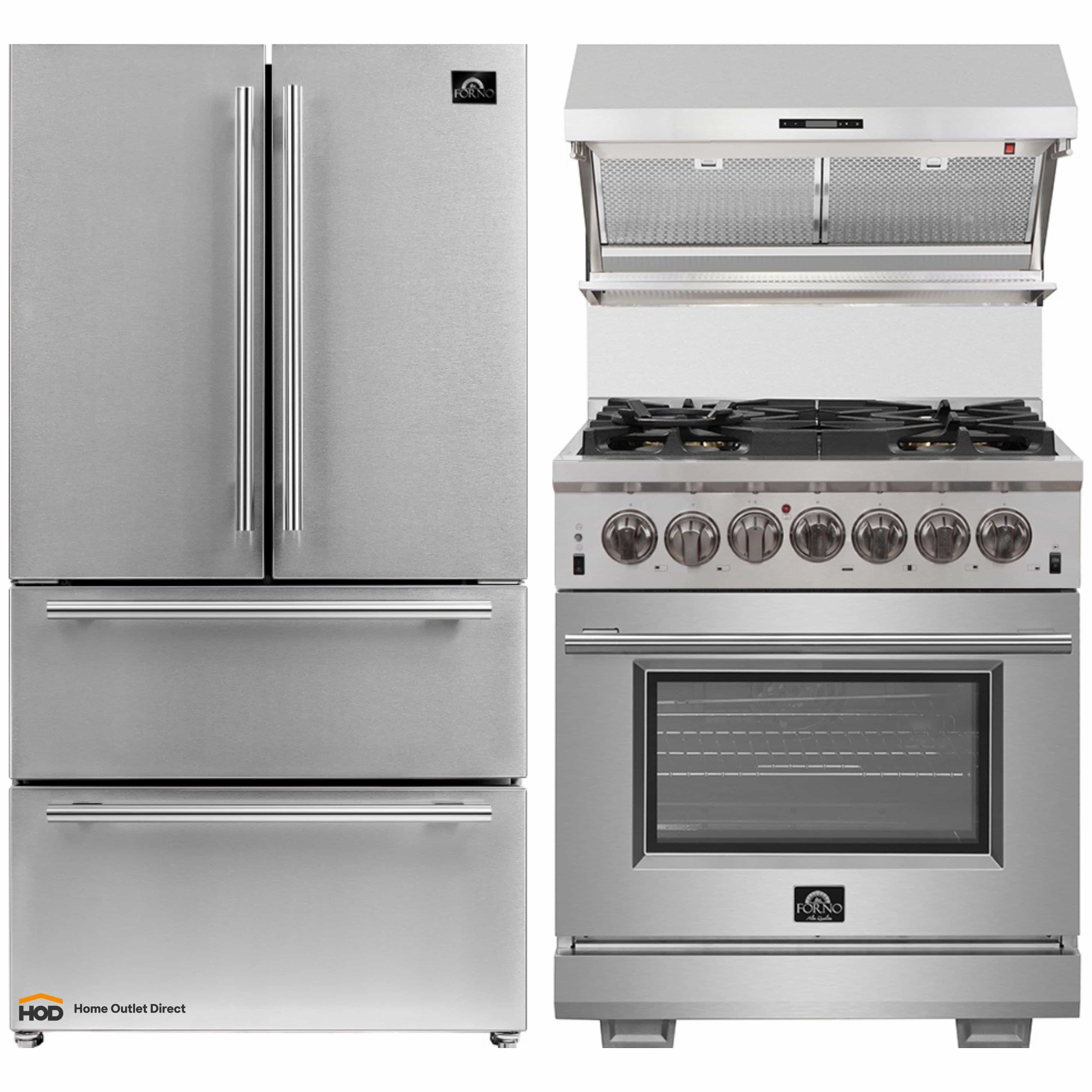 Stainless steel refrigerator, dual fuel range, and wall hood appliance set