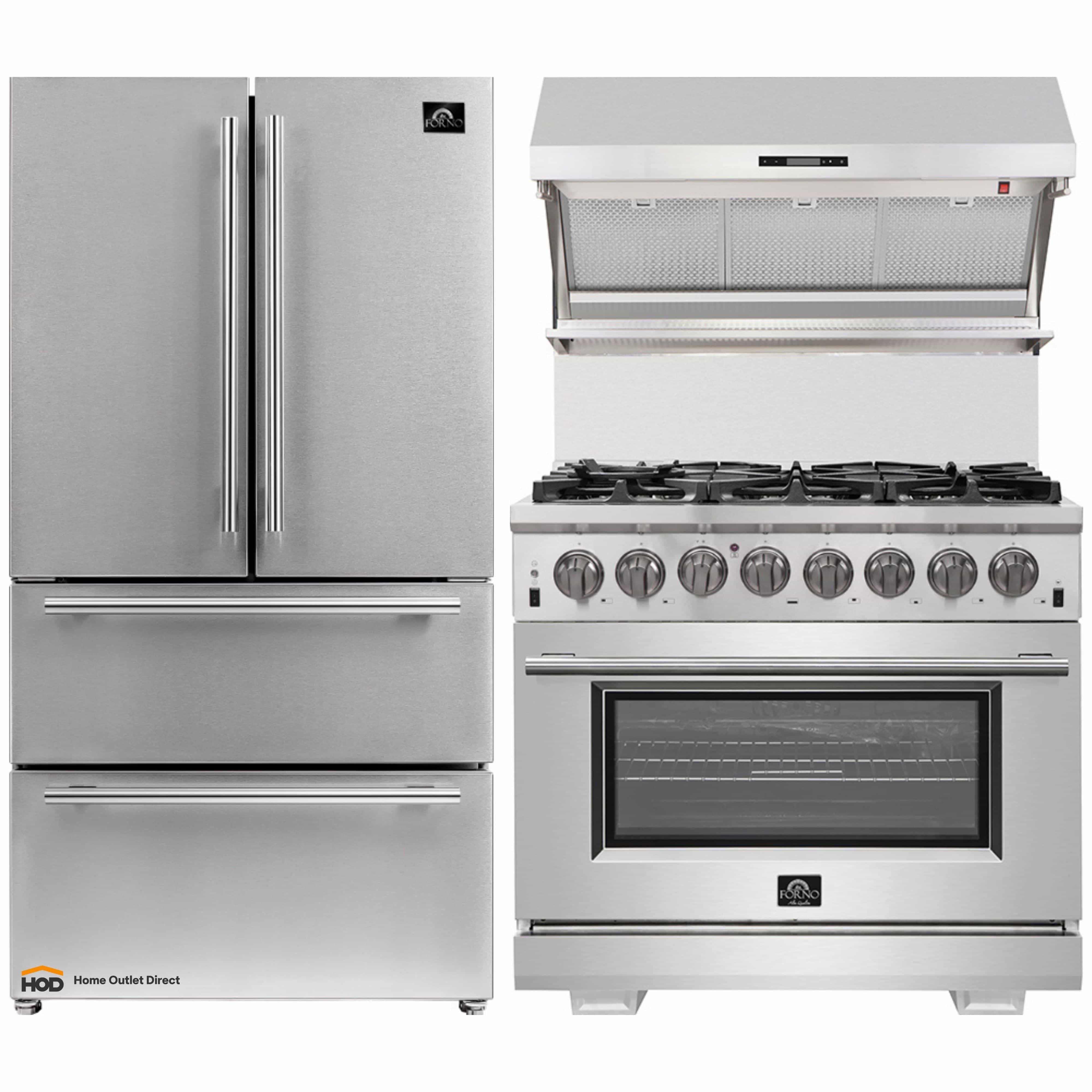 Stainless steel refrigerator and dual-fuel range with wall hood, front view
