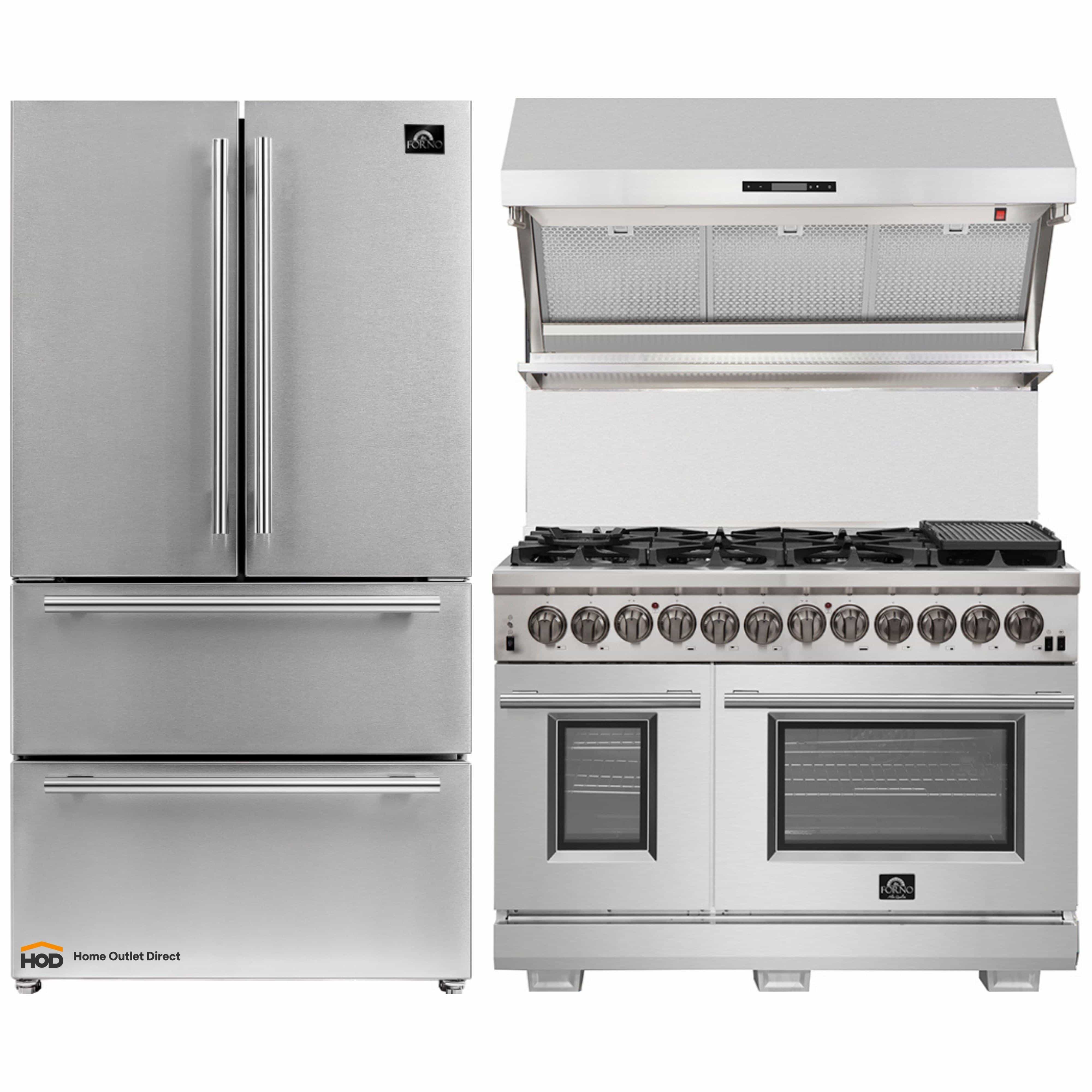 Stainless steel refrigerator, dual-fuel range, and wall hood bundled view