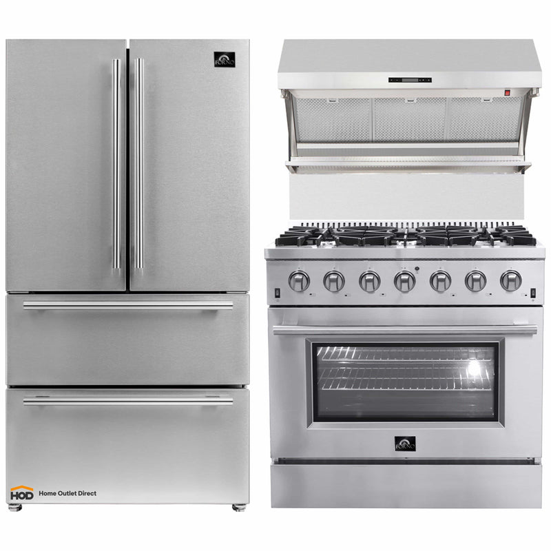 Forno 3-Piece Appliance Package - 36-Inch Gas Range, Refrigerator, & Wall Mount Hood with Backsplash in Stainless Steel