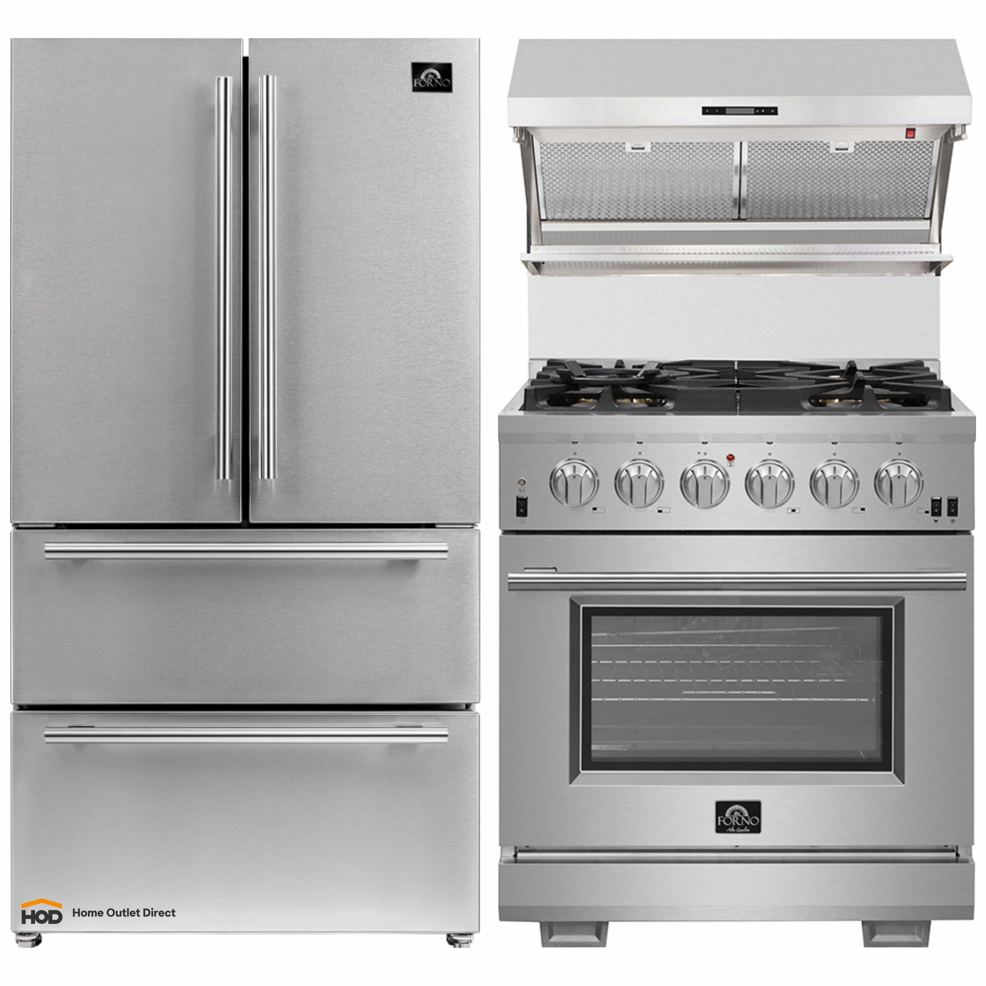 Stainless steel refrigerator and gas range with wall mount range hood side-by-side