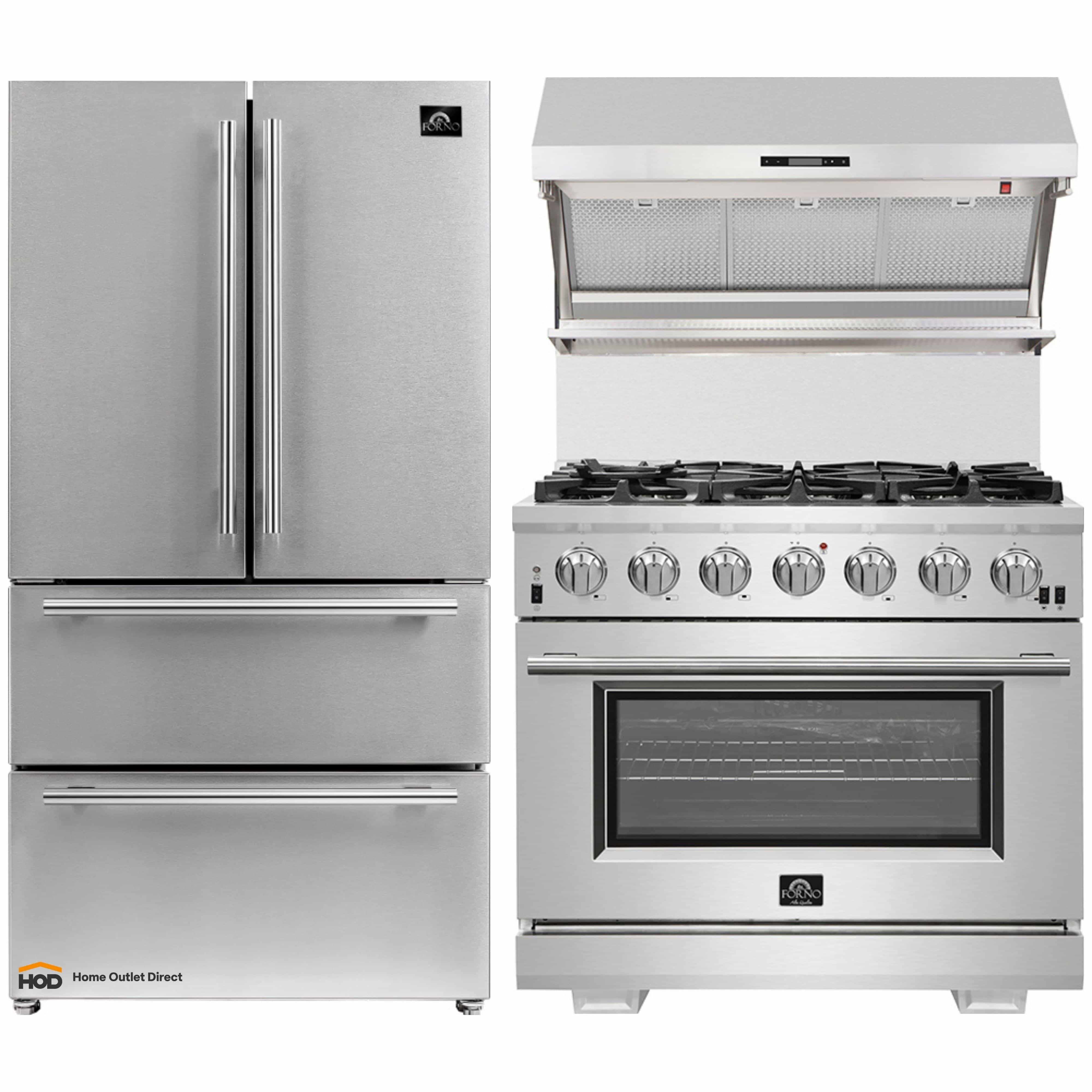 Stainless steel refrigerator and gas range with wall hood above