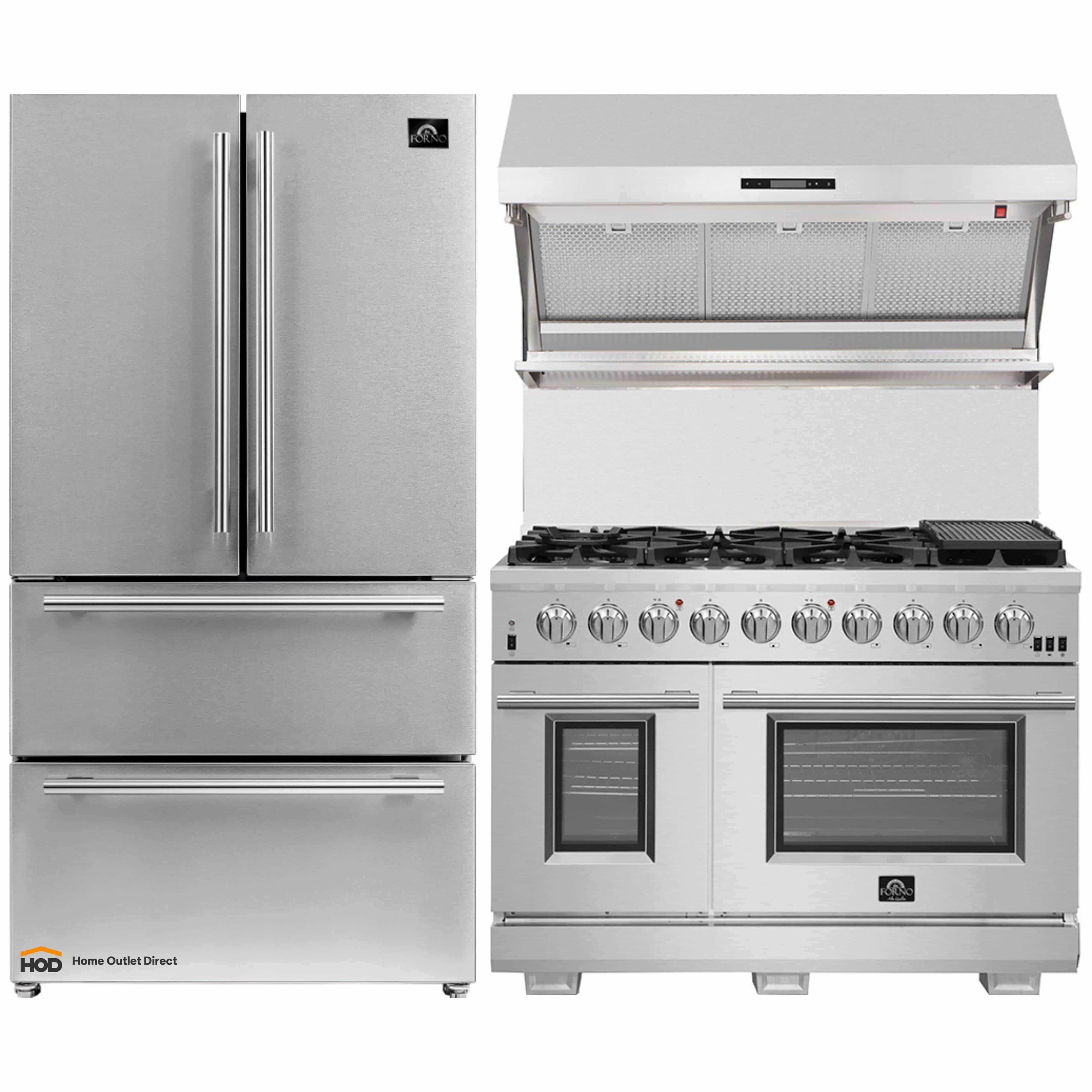 Stainless steel refrigerator, gas range, and wall hood with mesh vent filter