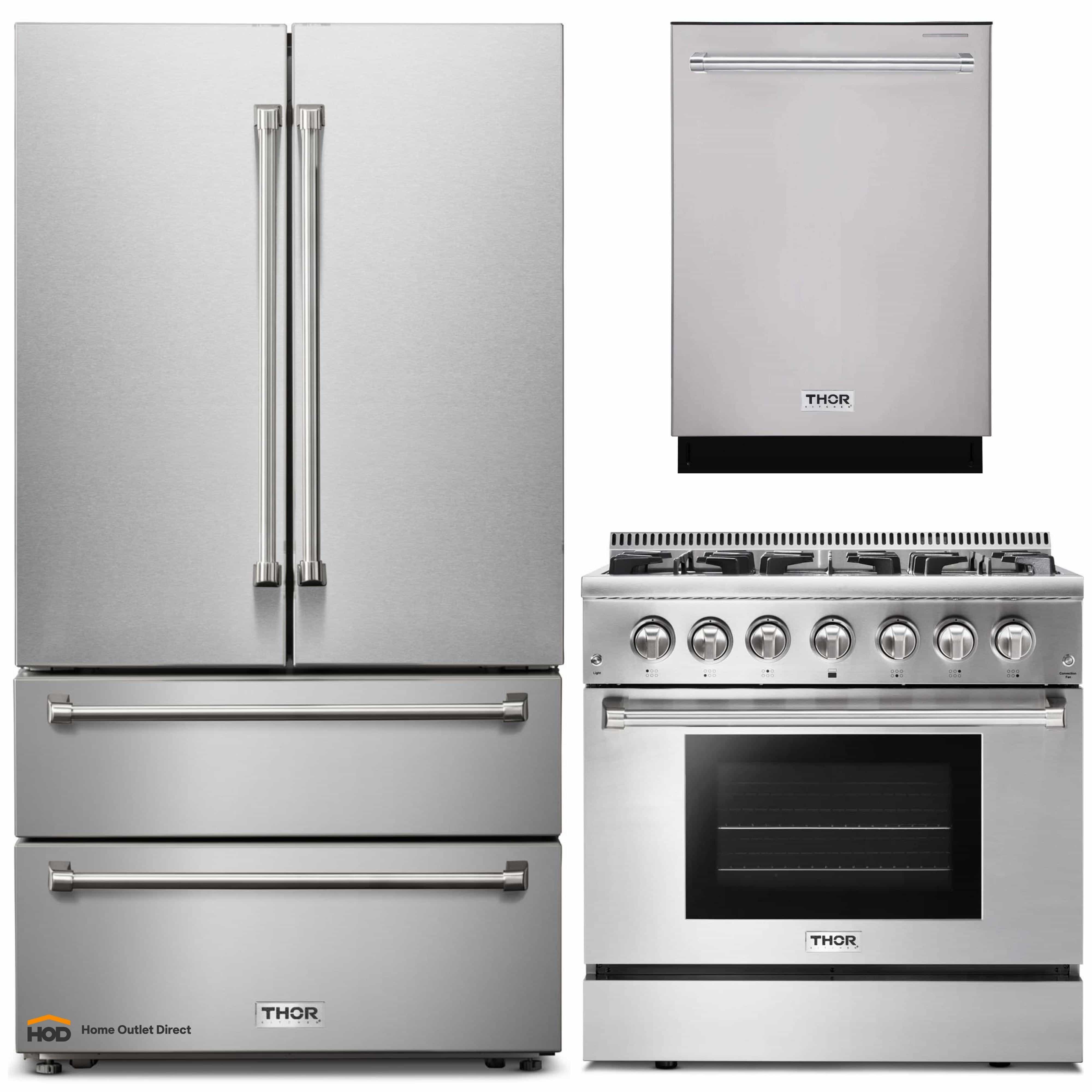 Thor Kitchen 3-Piece Pro Appliance Package - 36-Inch Dual Fuel Range, Dishwasher & Refrigerator in Stainless Steel