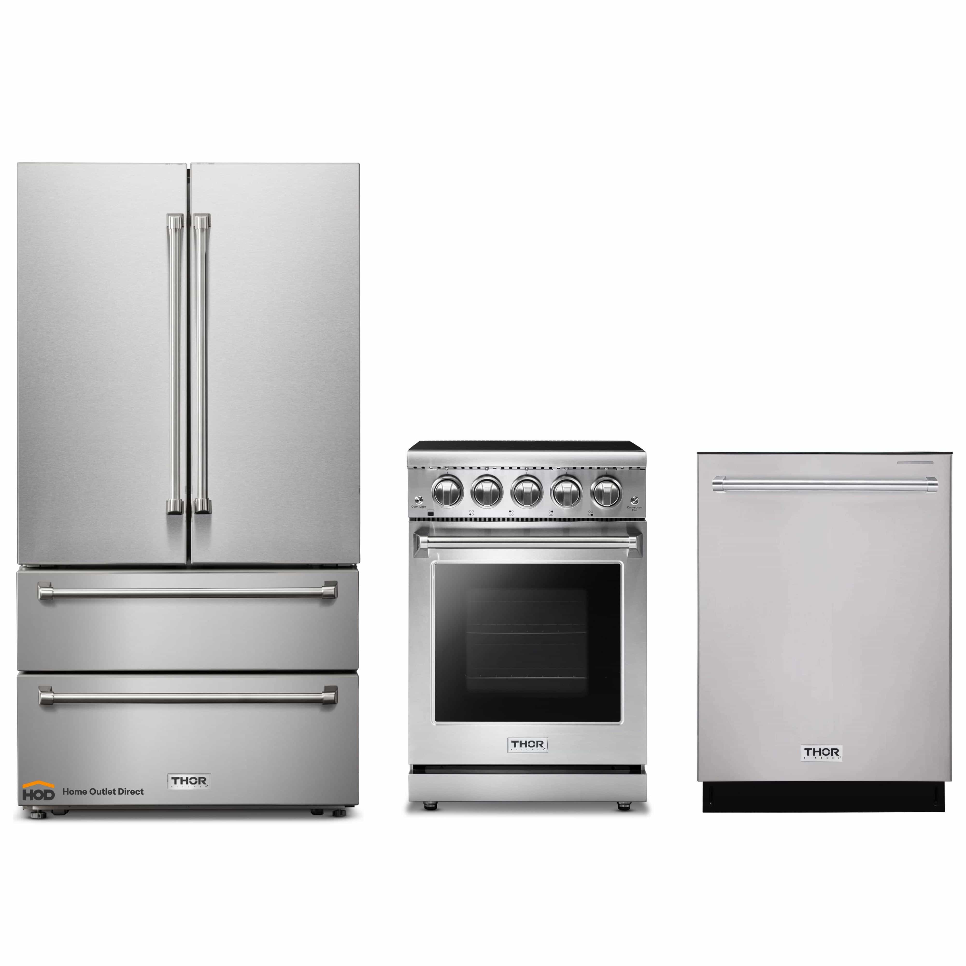 Thor Kitchen 3-Piece Appliance Package - 24-Inch Electric Range, French Door Refrigerator, and Dishwasher in Stainless Steel