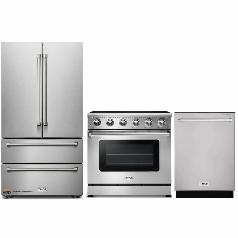 Thor Kitchen 3-Piece Appliance Package - 36-Inch Electric Range, French Door Refrigerator, and Dishwasher in Stainless Steel