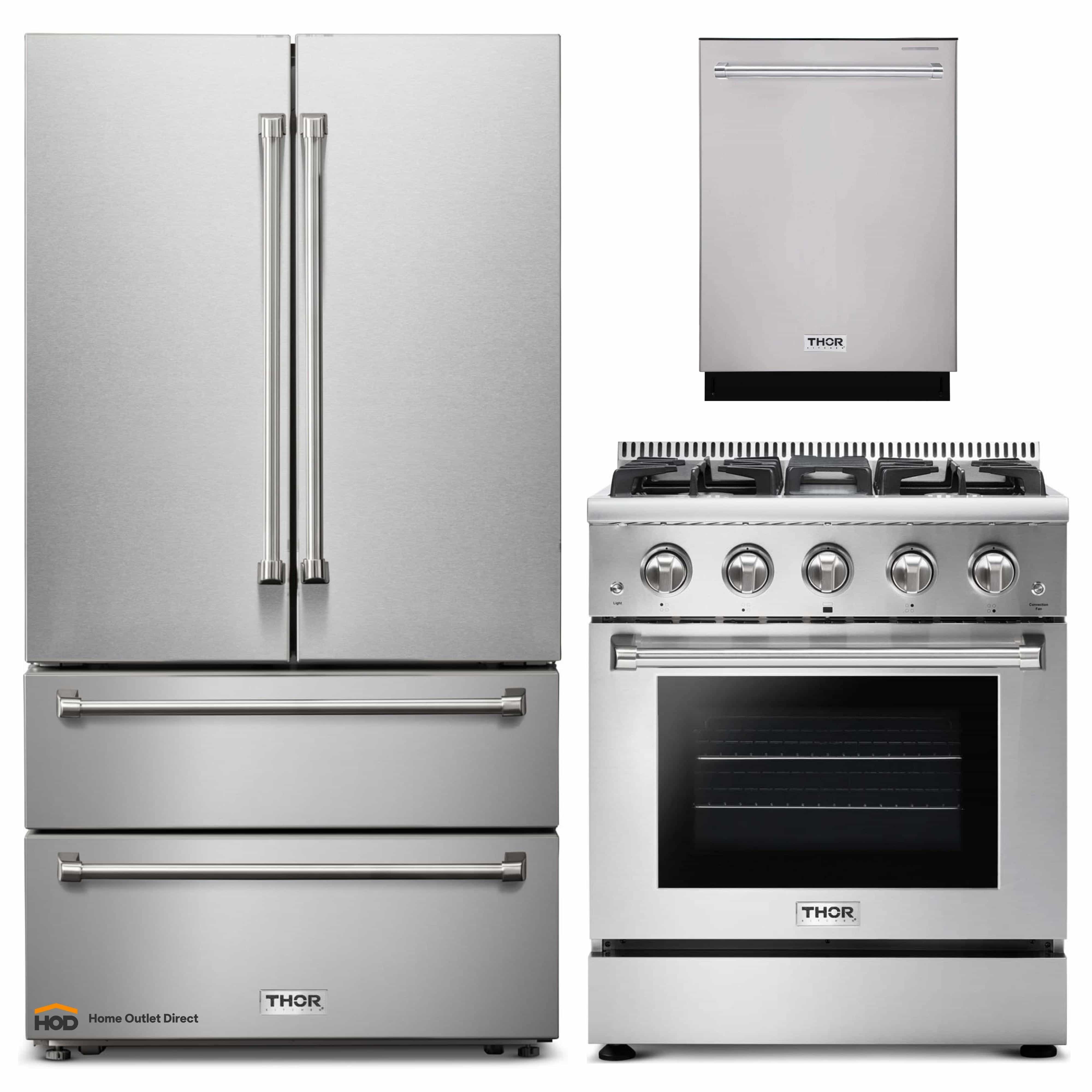 Thor Kitchen 3-Piece Pro Appliance Package - 30-Inch Gas Range, Dishwasher & Refrigerator in Stainless Steel