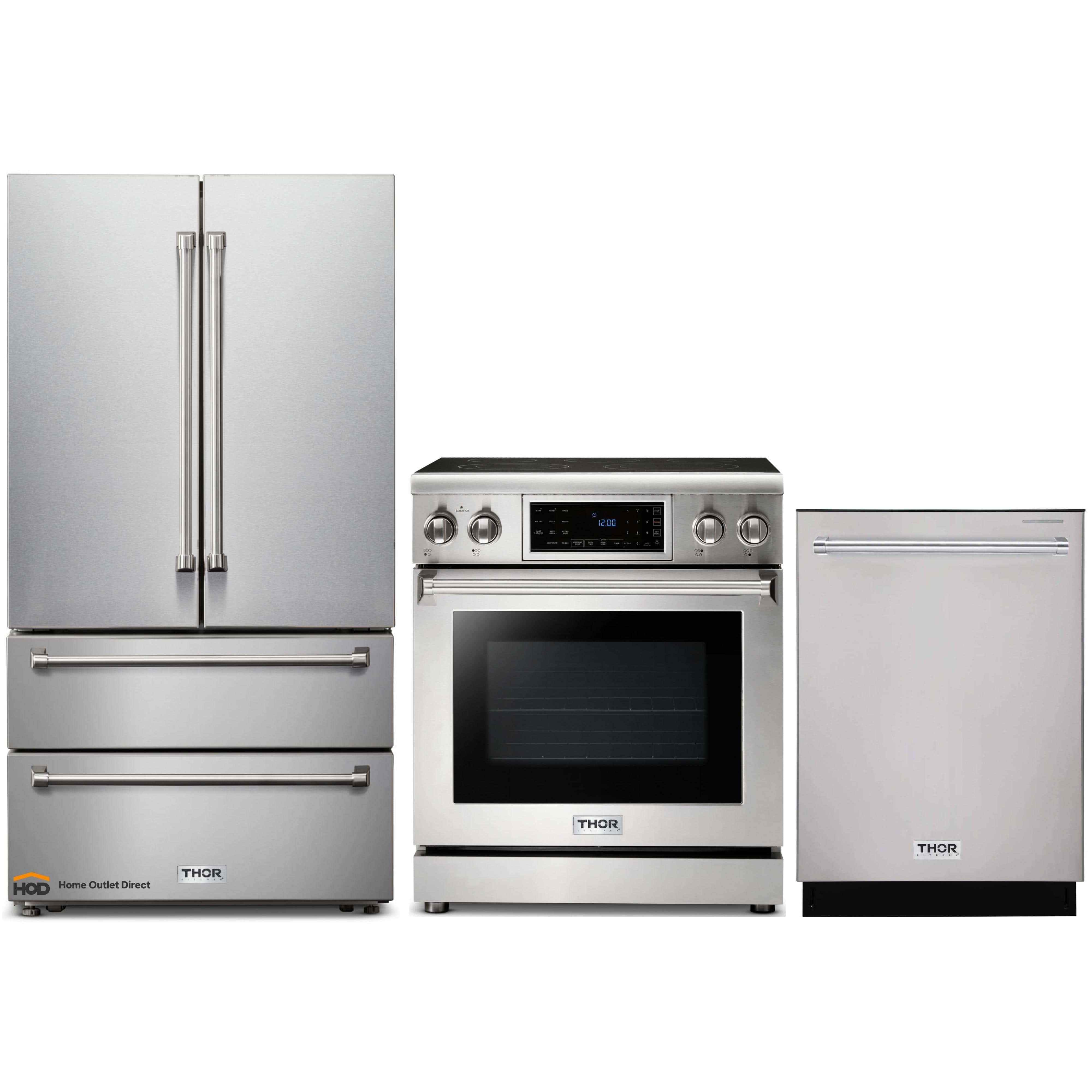 Thor Kitchen 3-Piece Appliance Package - 30-Inch Electric Range with Tilt Panel, French Door Refrigerator, and Dishwasher in Stainless Steel