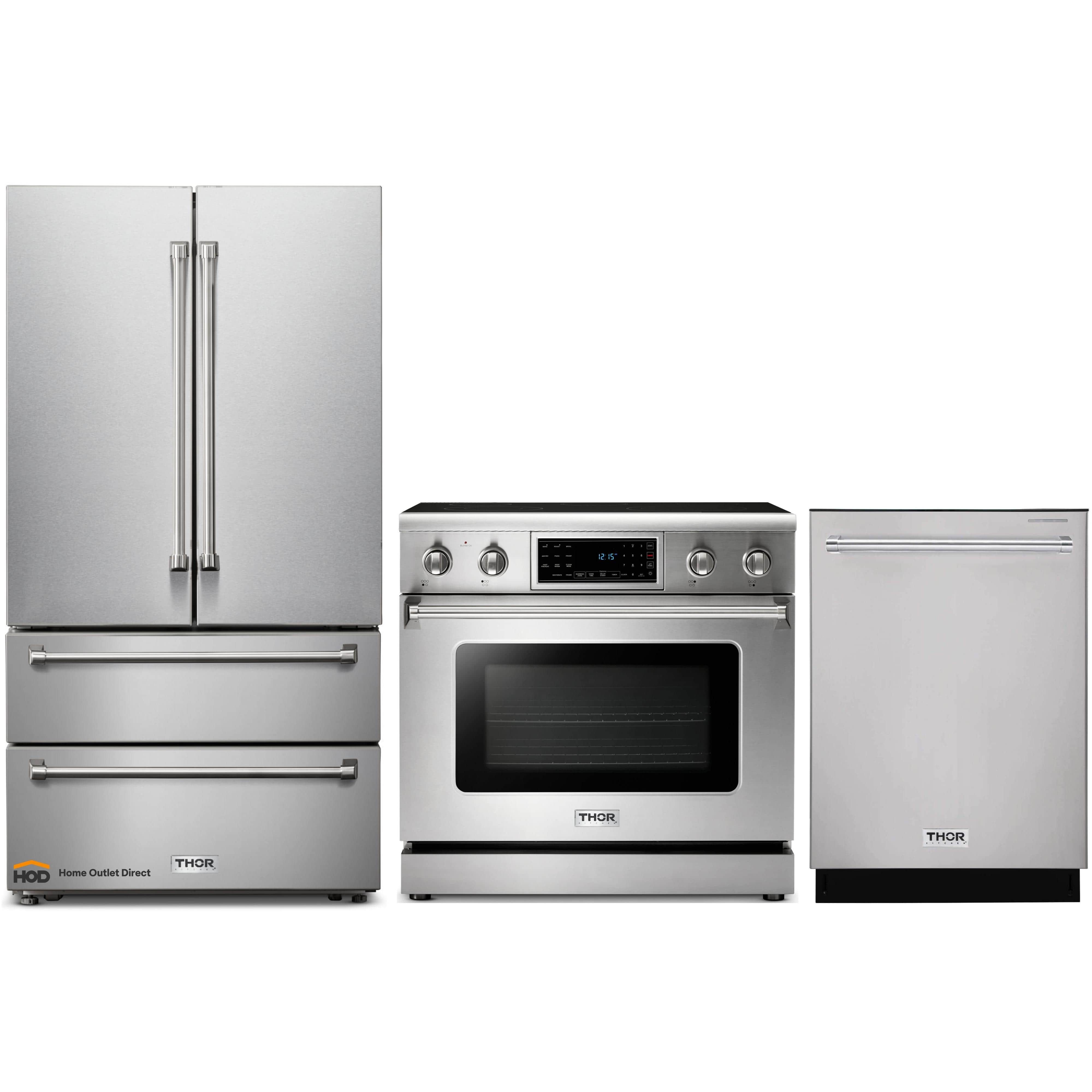 Thor Kitchen 3-Piece Appliance Package - 36-Inch Electric Range with Tilt Panel, French Door Refrigerator, and Dishwasher in Stainless Steel