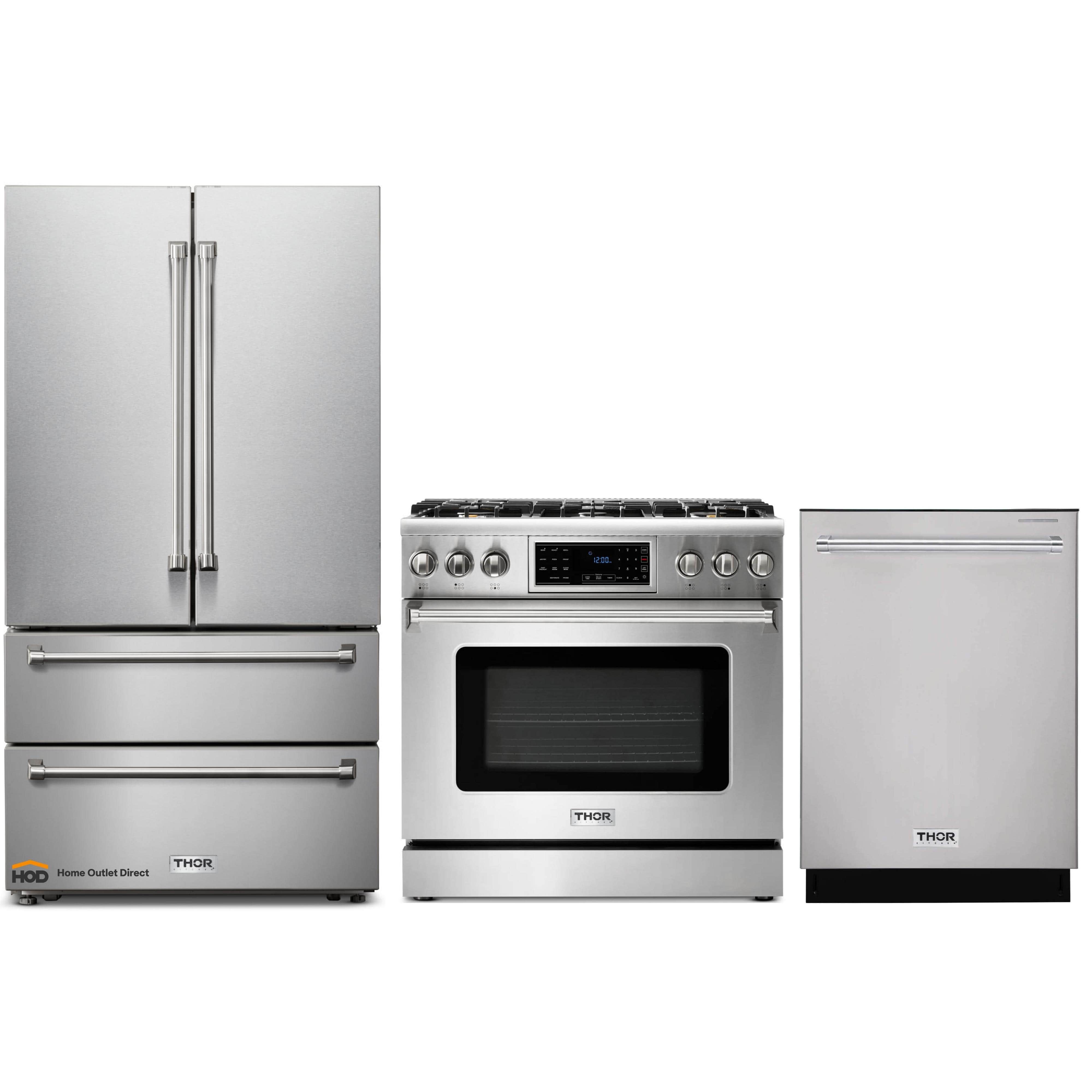 Thor Kitchen 3-Piece Appliance Package - 36-Inch Gas Range with Tilt Panel, Dishwasher & Refrigerator in Stainless Steel