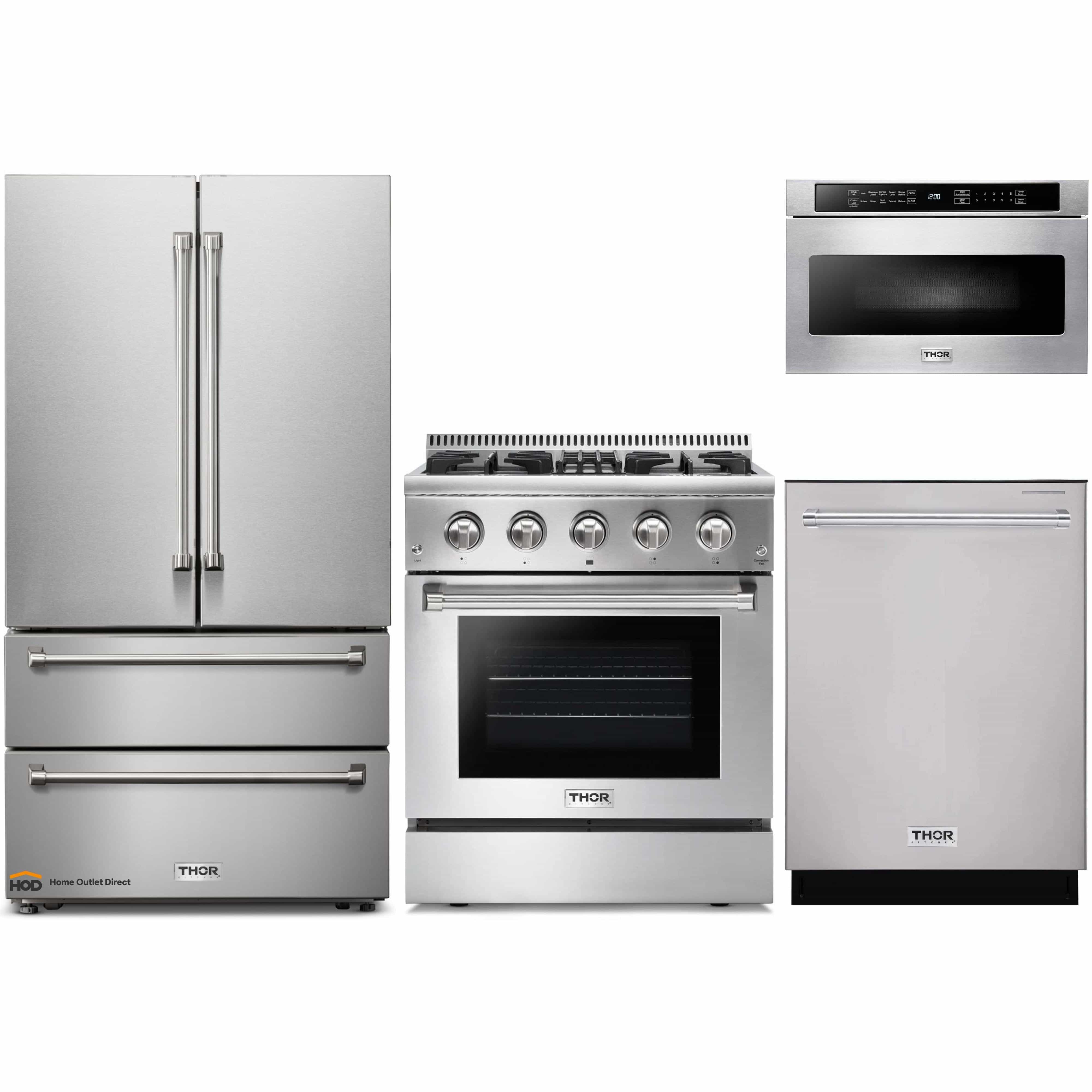 Thor Kitchen 4-Piece Pro Appliance Package - 30-Inch Dual Fuel Range, French Door Refrigerator, Dishwasher, and Microwave Drawer in Stainless Steel