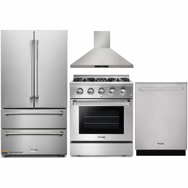 Thor Kitchen 4-Piece Pro Appliance Package - 30-Inch Dual Fuel Range, French Door Refrigerator, Wall Mount Hood and Dishwasher in Stainless Steel
