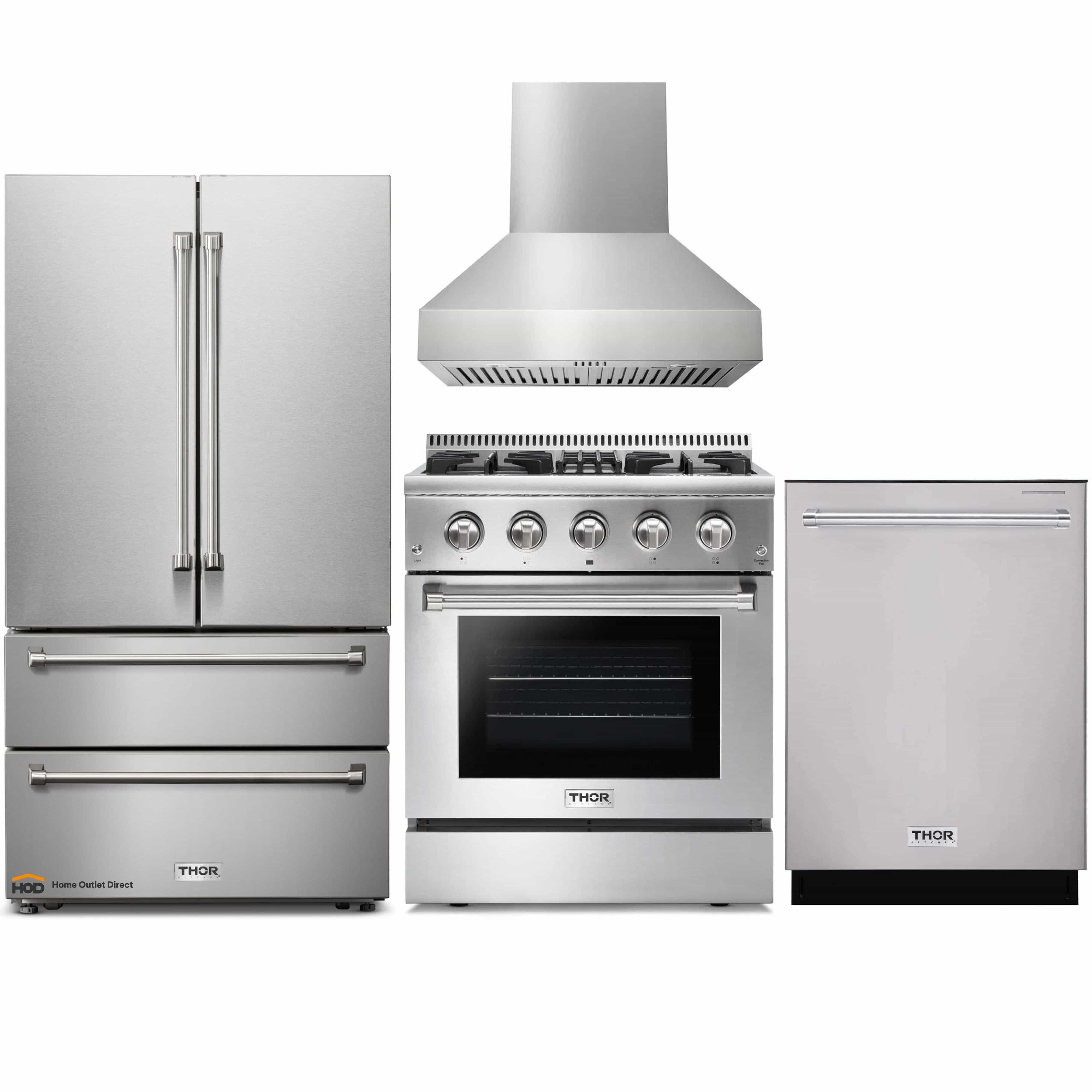 Thor Kitchen 4-Piece Pro Appliance Package - 30-Inch Dual Fuel Range, French Door Refrigerator Pro-Style Wall Mount Hood and Dishwasher in Stainless Steel
