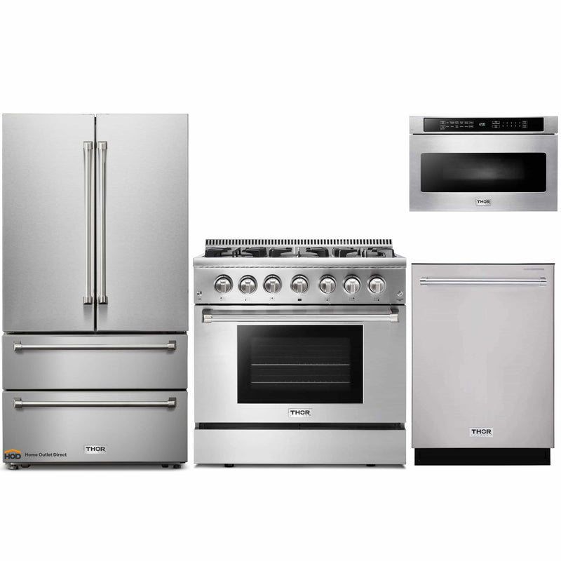 Thor Kitchen 4-Piece Pro Appliance Package - 36-Inch Dual Fuel Range, French Door Refrigerator, Dishwasher, and Microwave Drawer in Stainless Steel
