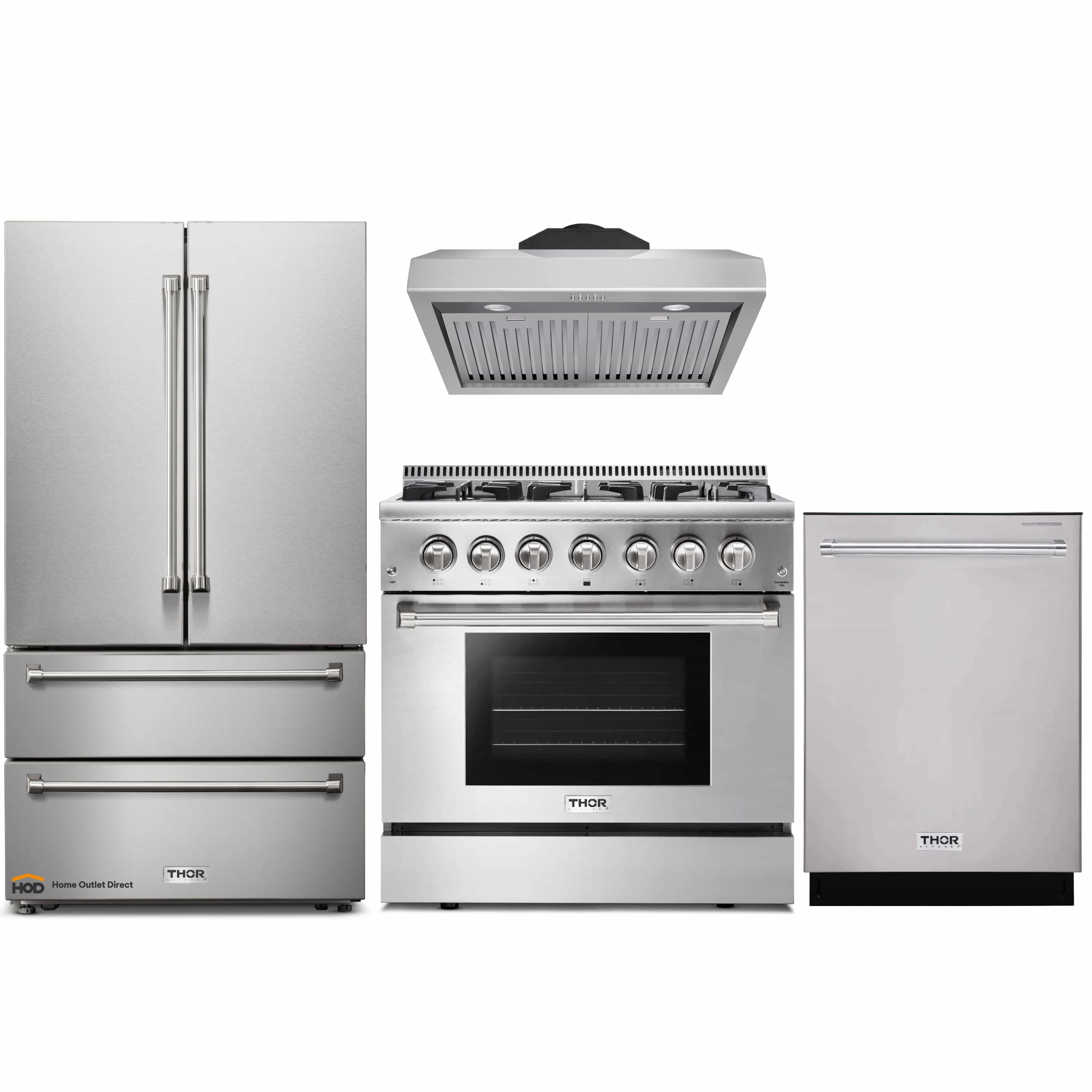 Thor Kitchen 4-Piece Pro Appliance Package - 36-Inch Dual Fuel Range, French Door Refrigerator, Under Cabinet Hood and Dishwasher in Stainless Steel