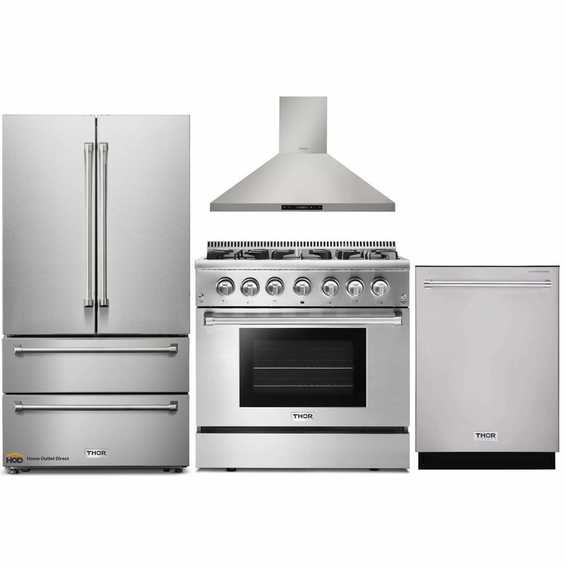 Thor Kitchen 4-Piece Pro Appliance Package - 36-Inch Dual Fuel Range, French Door Refrigerator, Wall Mount Hood and Dishwasher in Stainless Steel