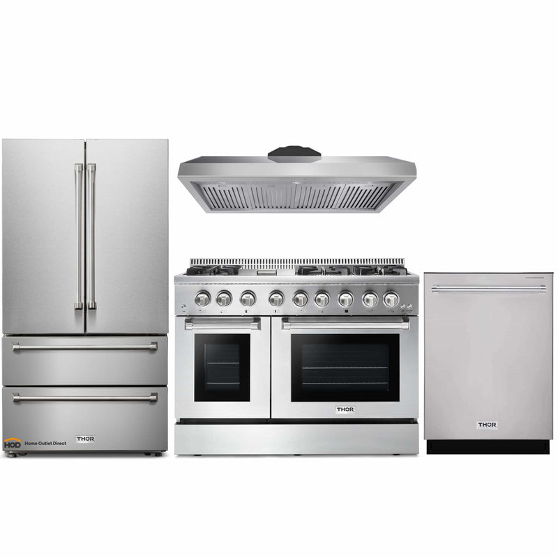 Thor Kitchen 4-Piece Pro Appliance Package - 48-Inch Dual Fuel Range, French Door Refrigerator, Dishwasher & Under Cabinet 11-Inch Tall Hood in Stainless Steel